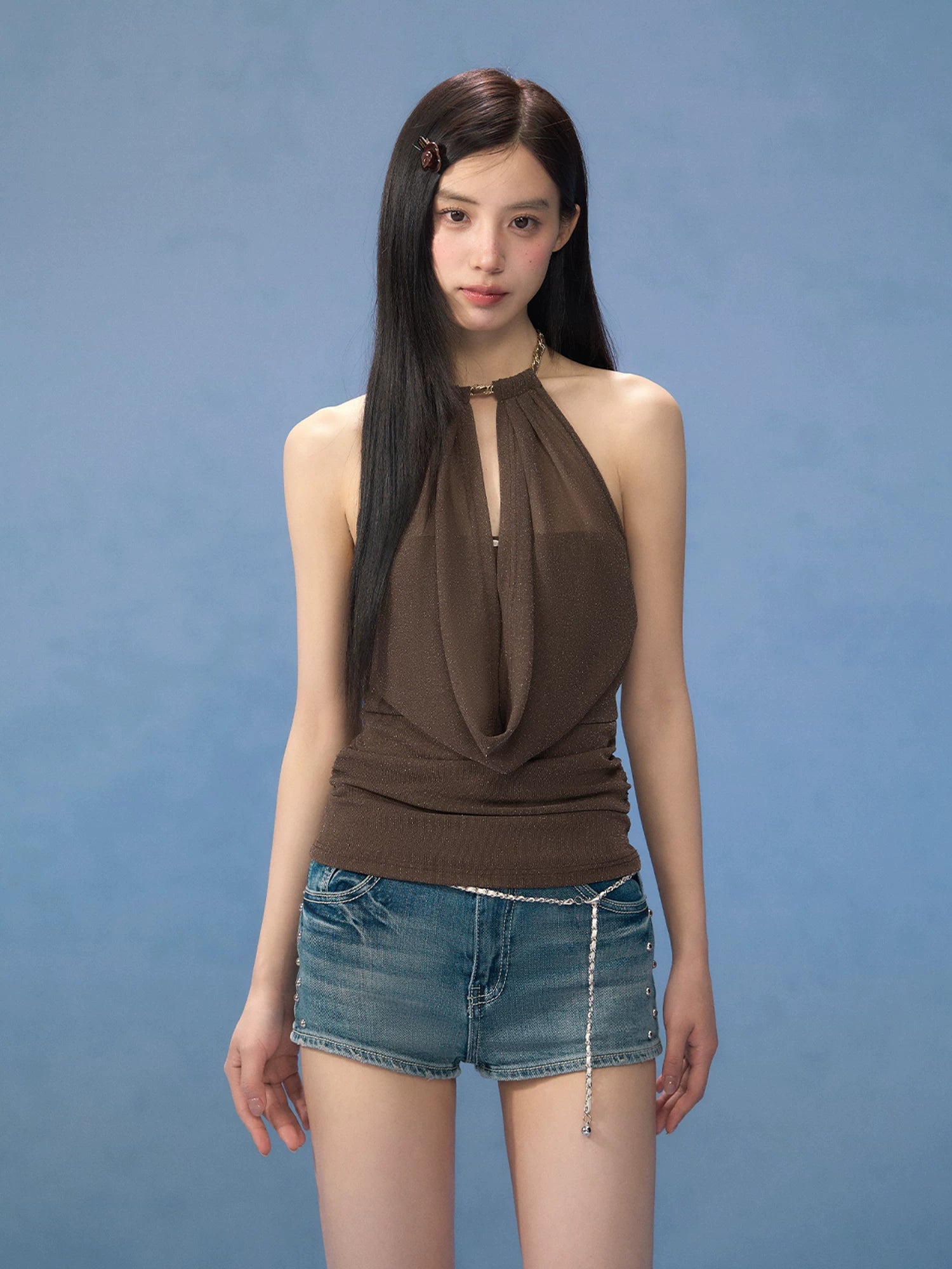 Metal Ring Halter Mesh Camisole