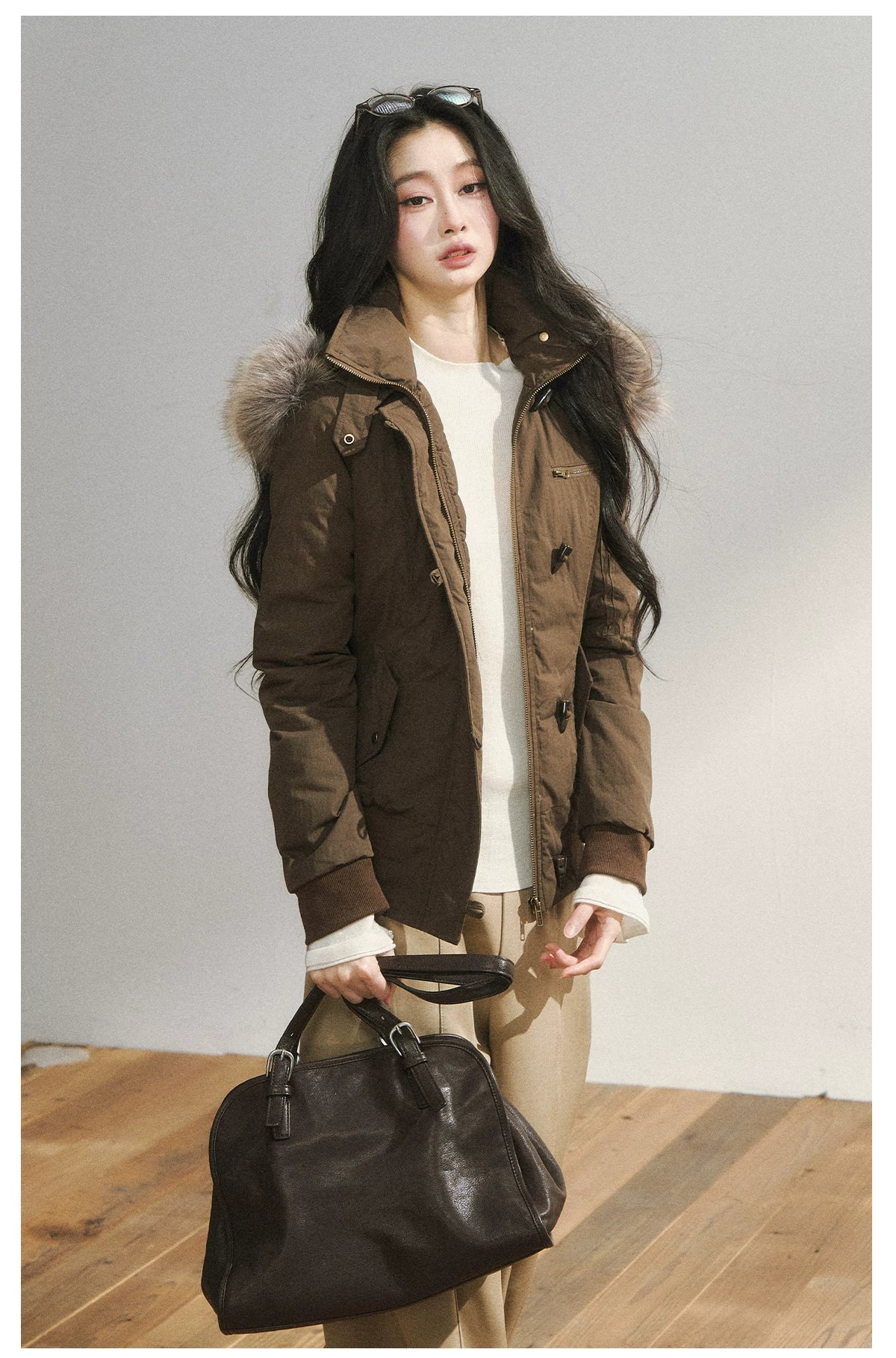 Brown Faux Fur Hooded Toggle Coat