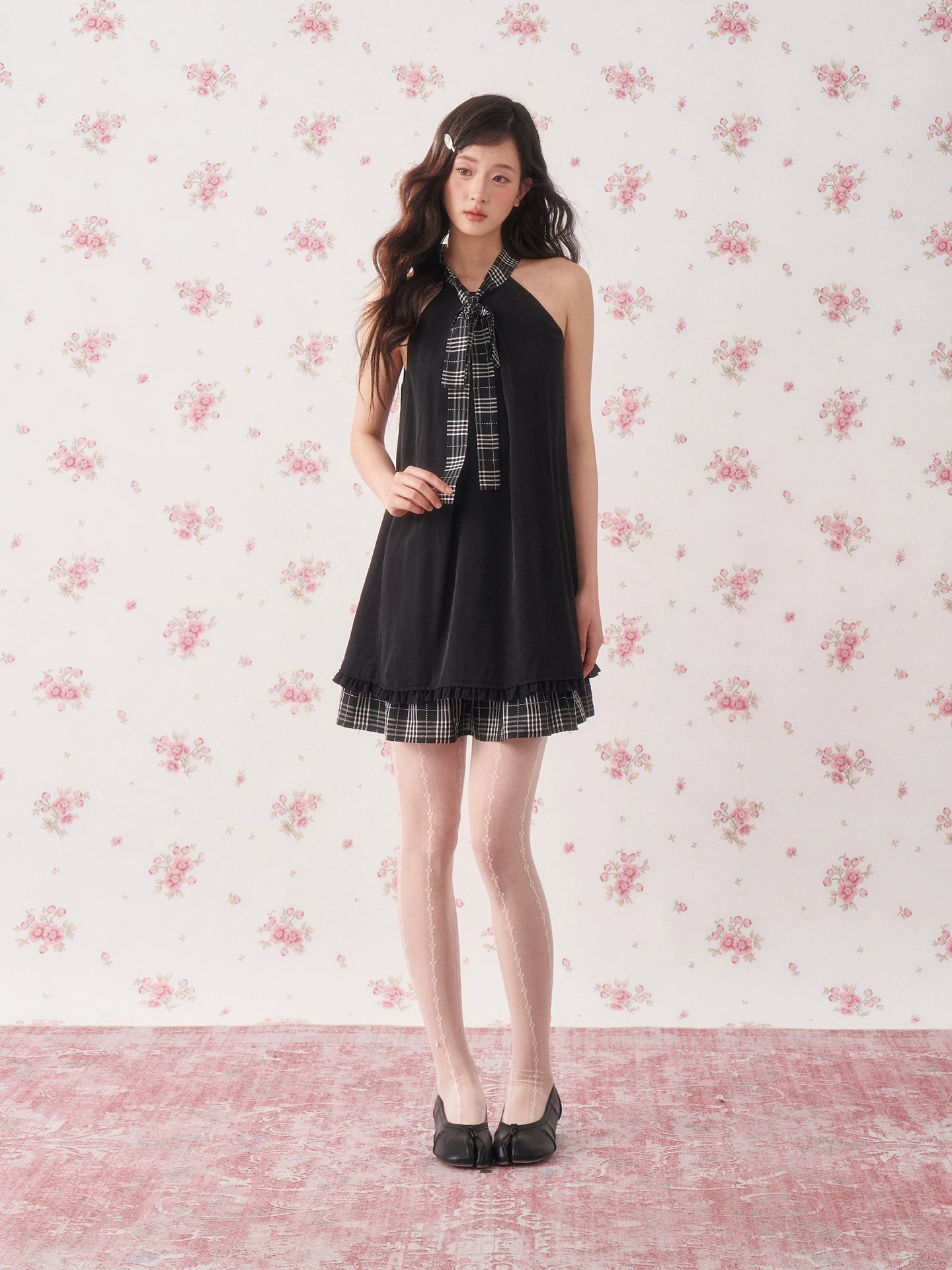 Black Ruffle Plaid Halter Dress