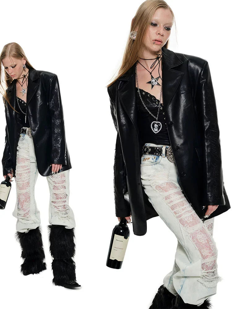 Blue & Black Ripped Lace Denim Jeans