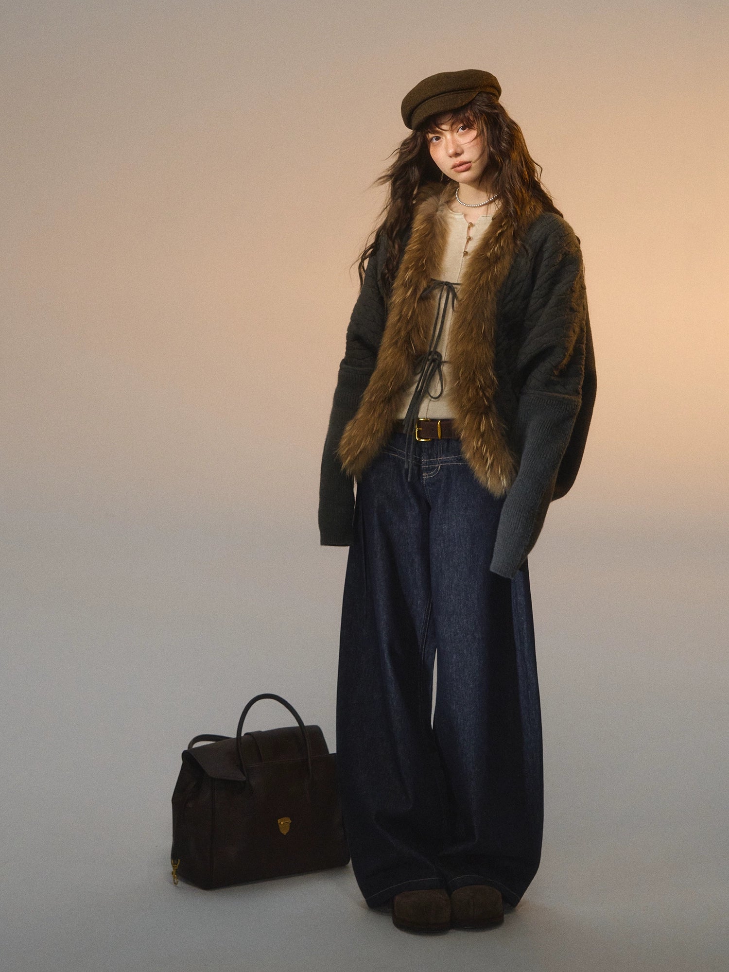 Tie Batwing Fur Collar Sweater