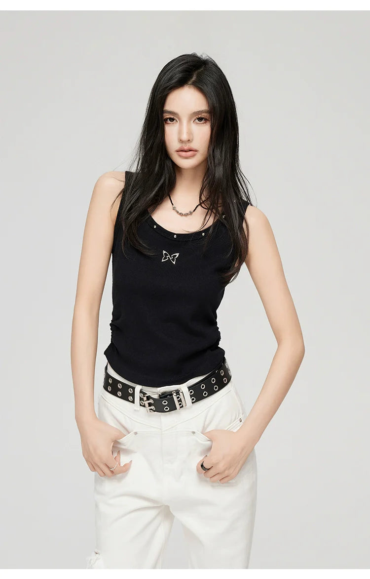White & Black Butterfly Printed U-neck Tank Top