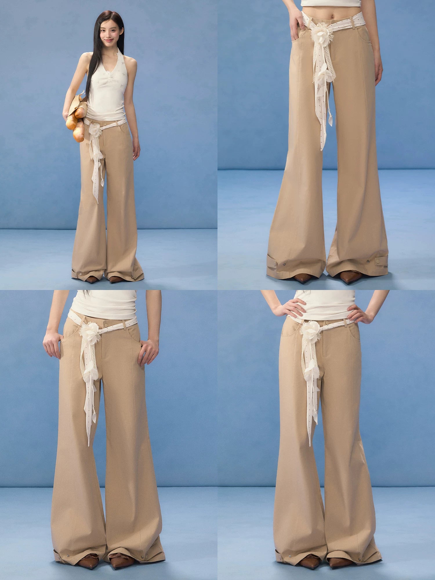 Brown Floral Belt Wide-Leg Pants