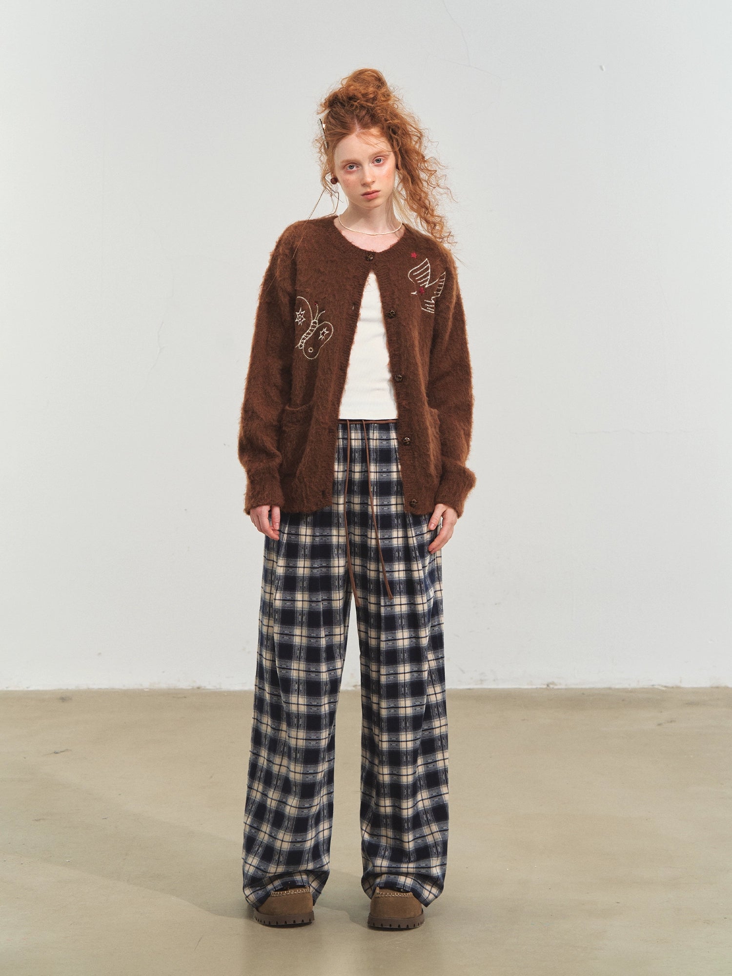 Blue Relaxed Plaid Wide-Leg Pants