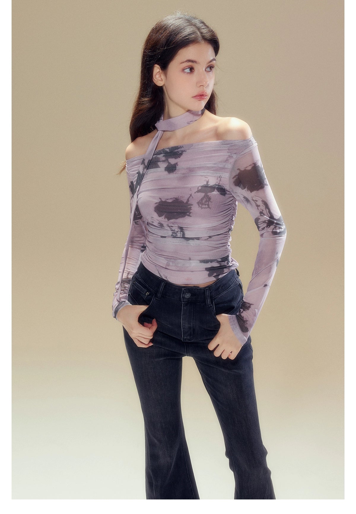 Purple Rose Printed Mesh Long Sleeve T-shirt