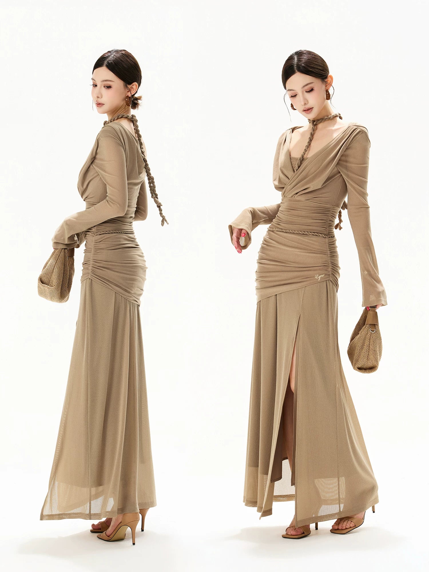 Greige Halter Knit Mesh Maxi Dress