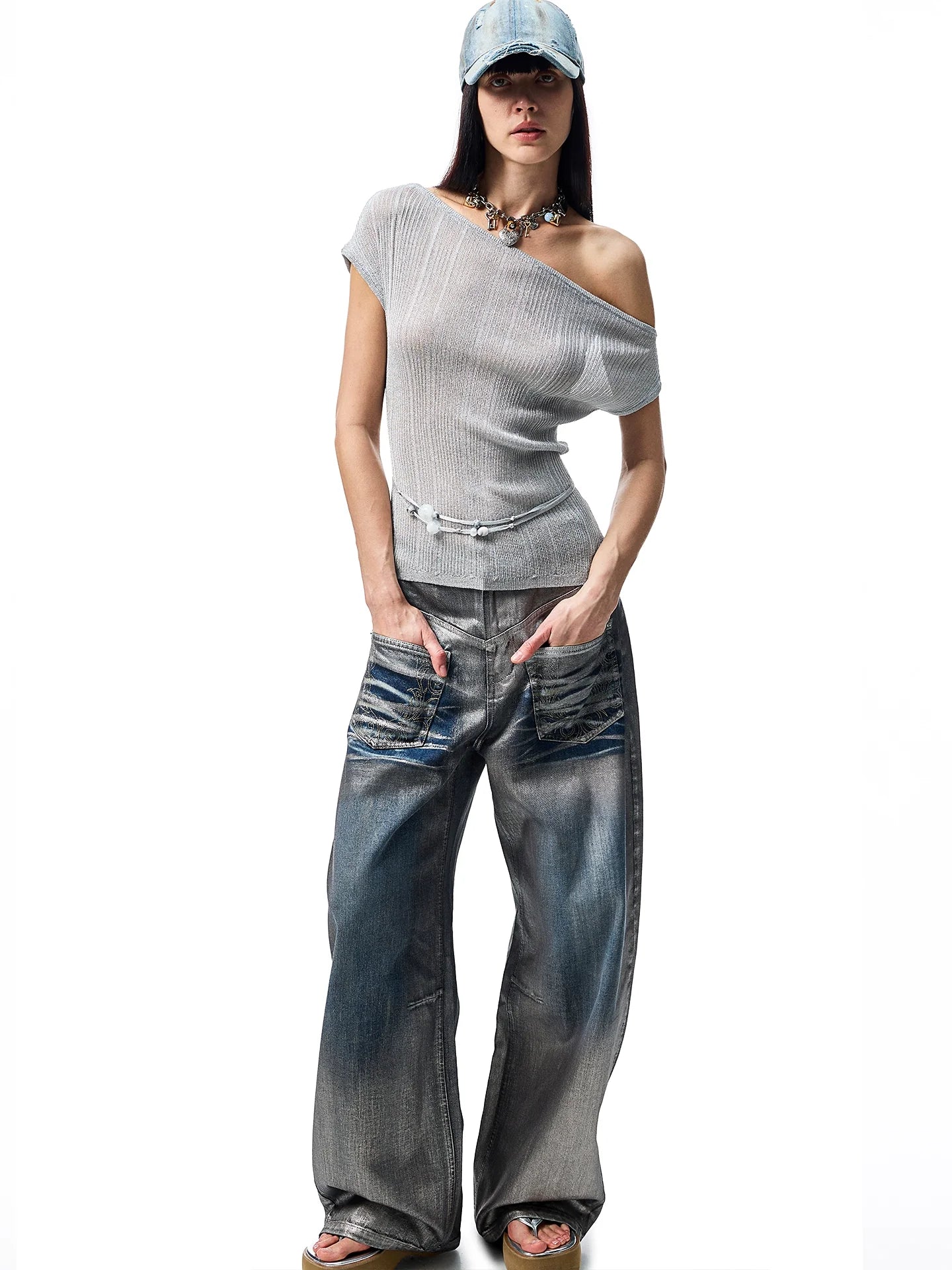 Asymmetric Shoulder Knit Short Sleeve T-shirt