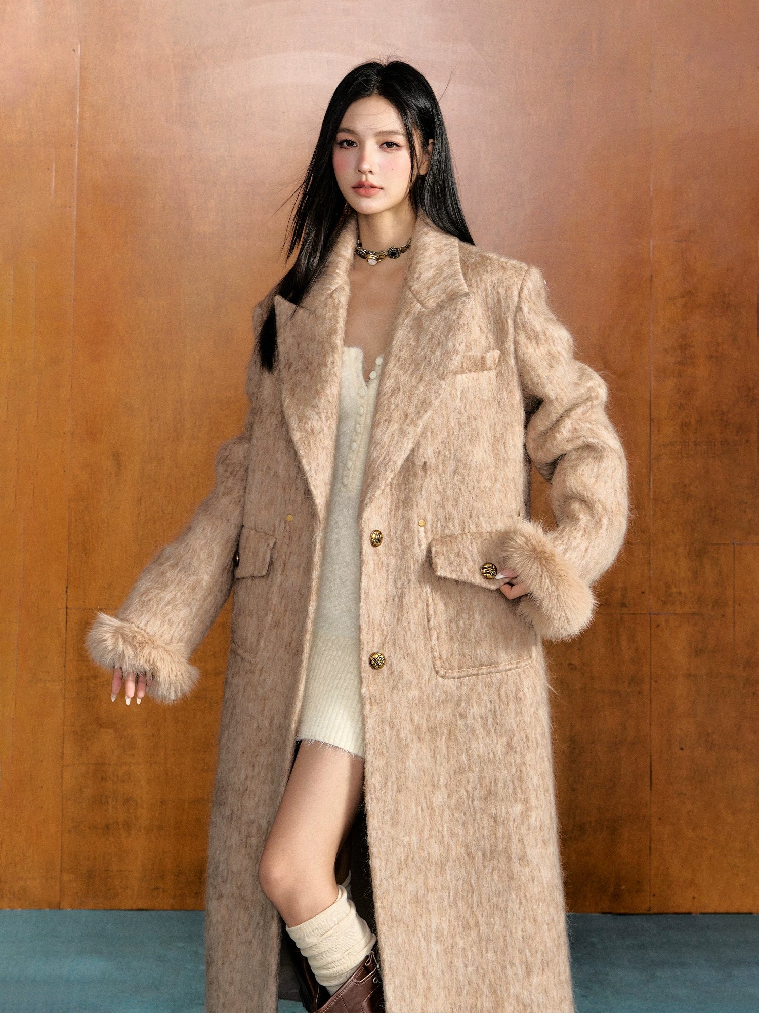 Camel & Brown Detachable Fur Wool Coat
