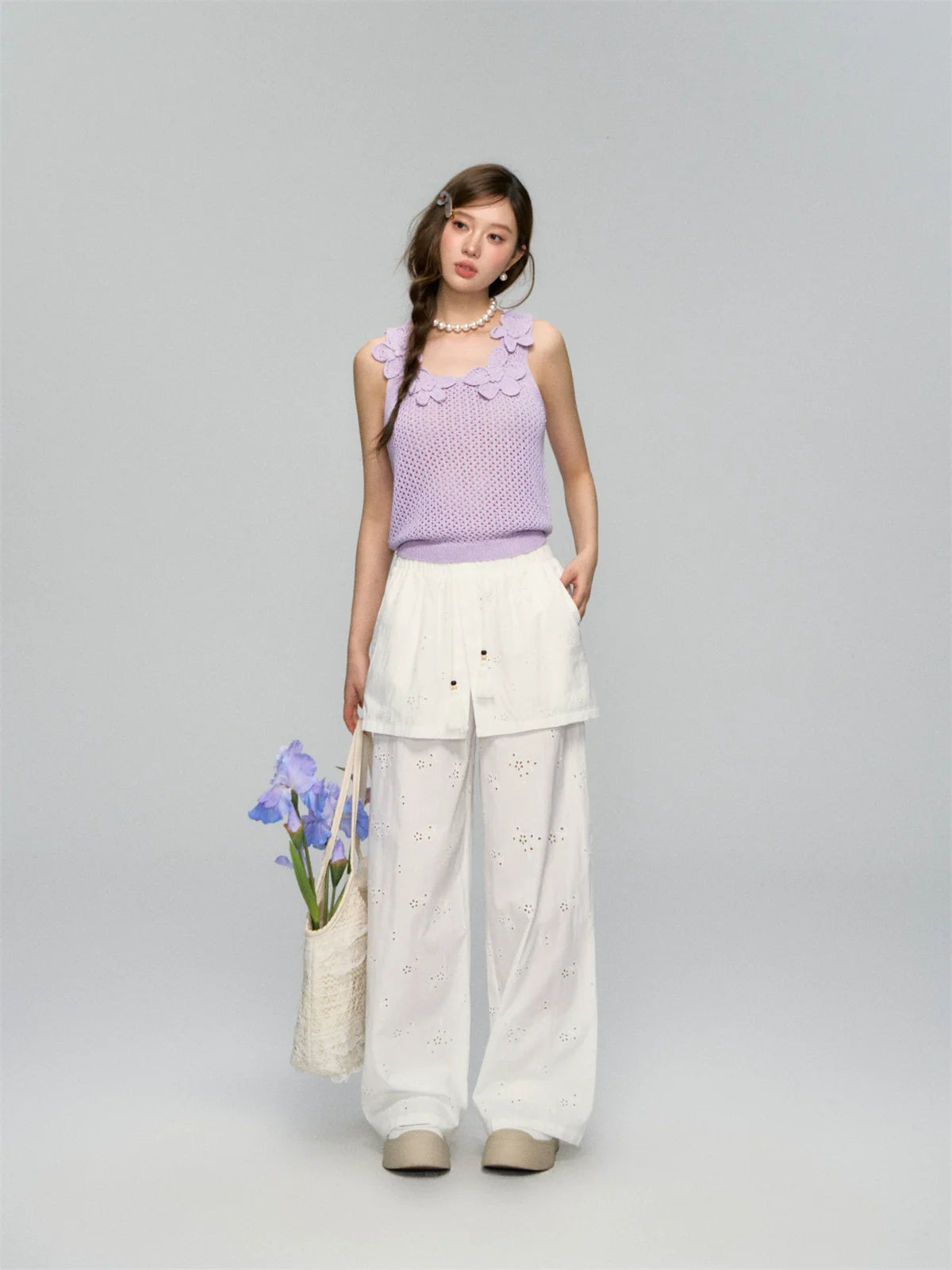 Hollow-Out Fauk Two Piece High-Waist Pants