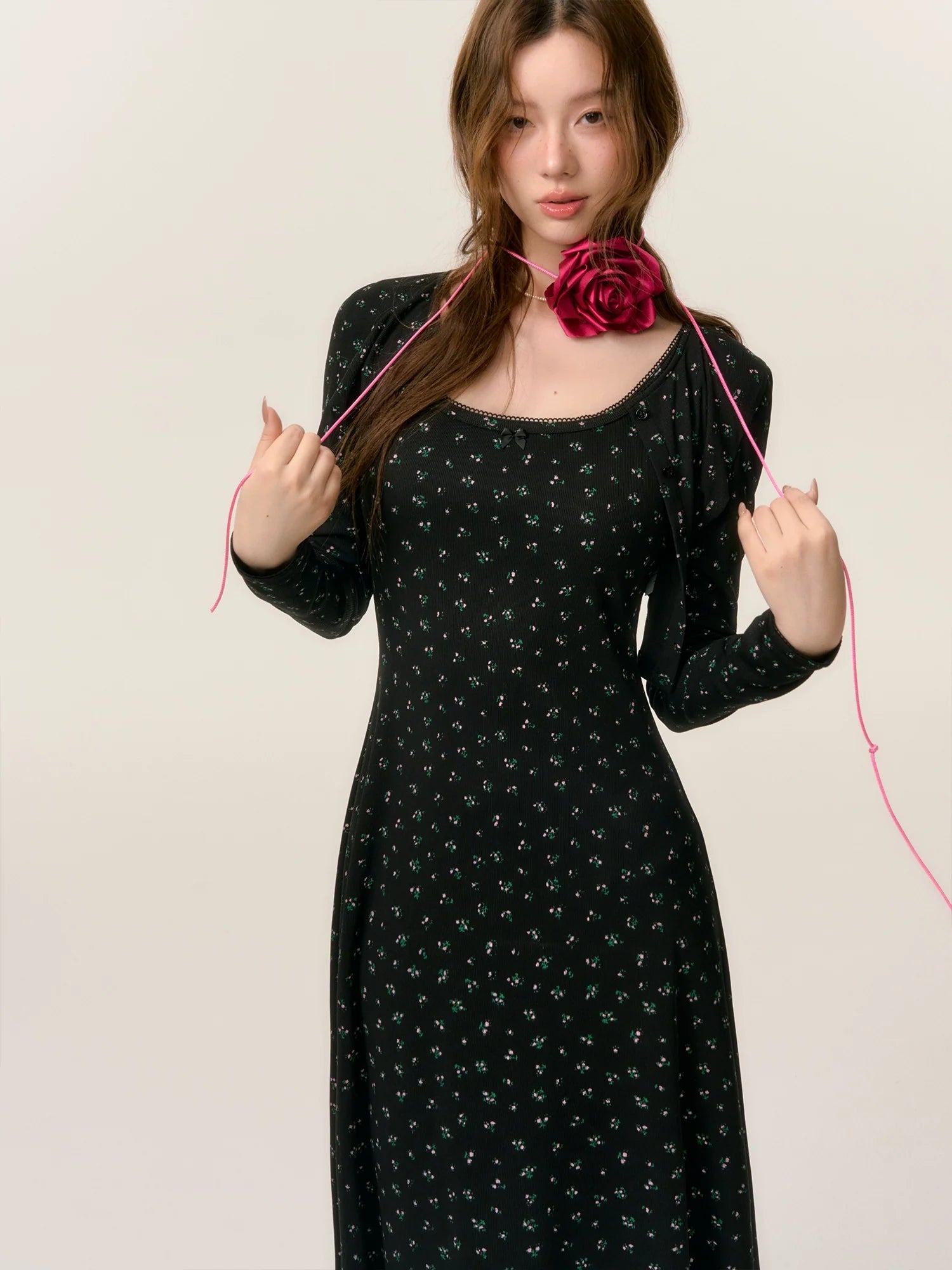 Dropped Shoulder Floral Knit Dress & Cardigan Set