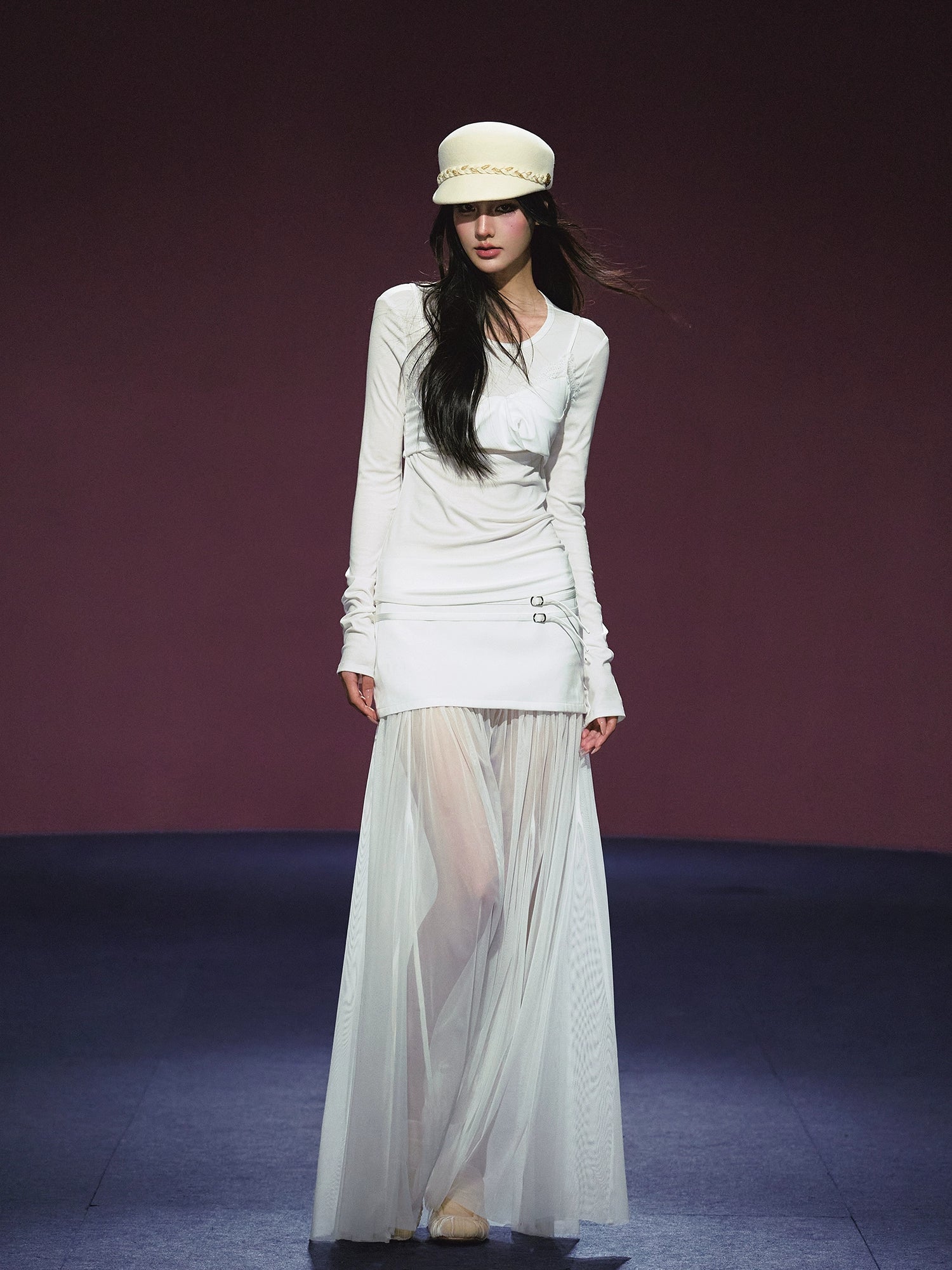 Lyocell Fake Two-piece Sheer Blouse & Skirt Set