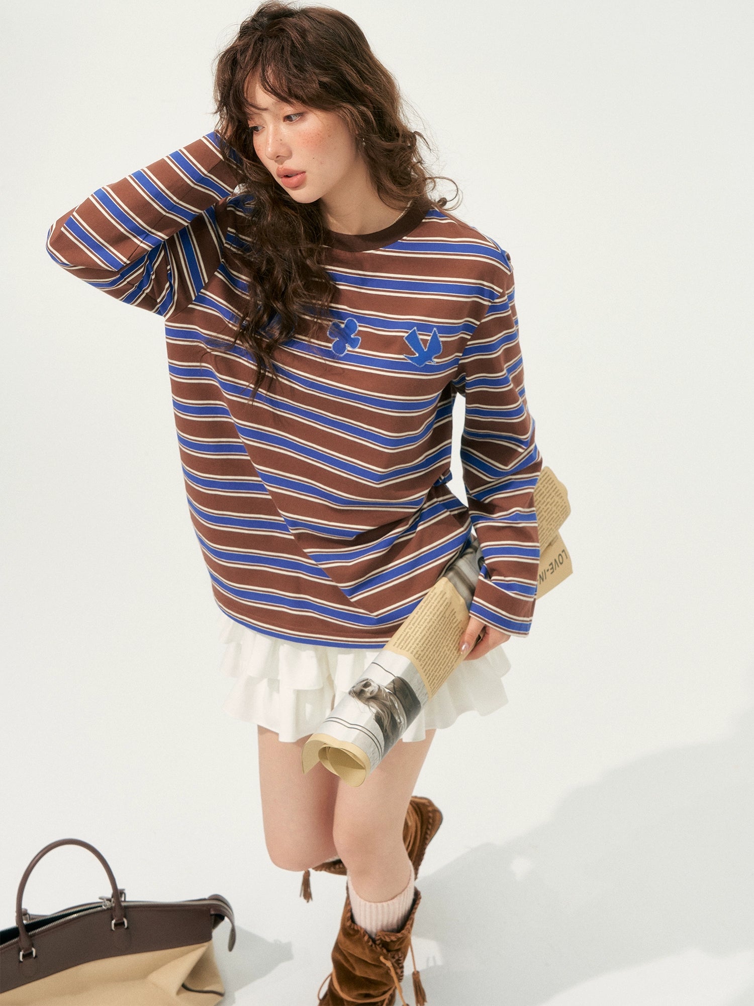 Color-Block Applique Embroidered Striped Long-Sleeve T-Shirt