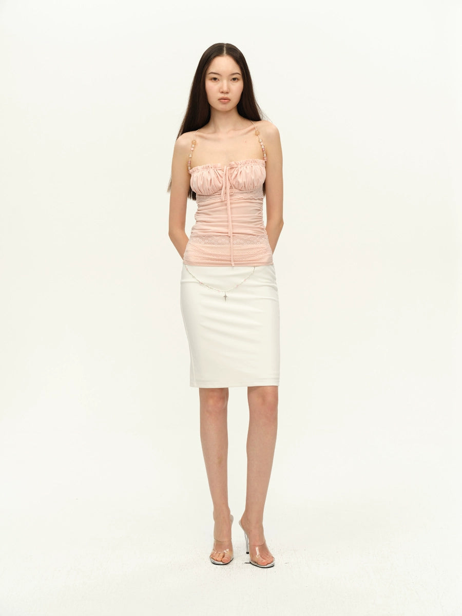 Beaded Strap Lace Splicing Acetate Cami Top