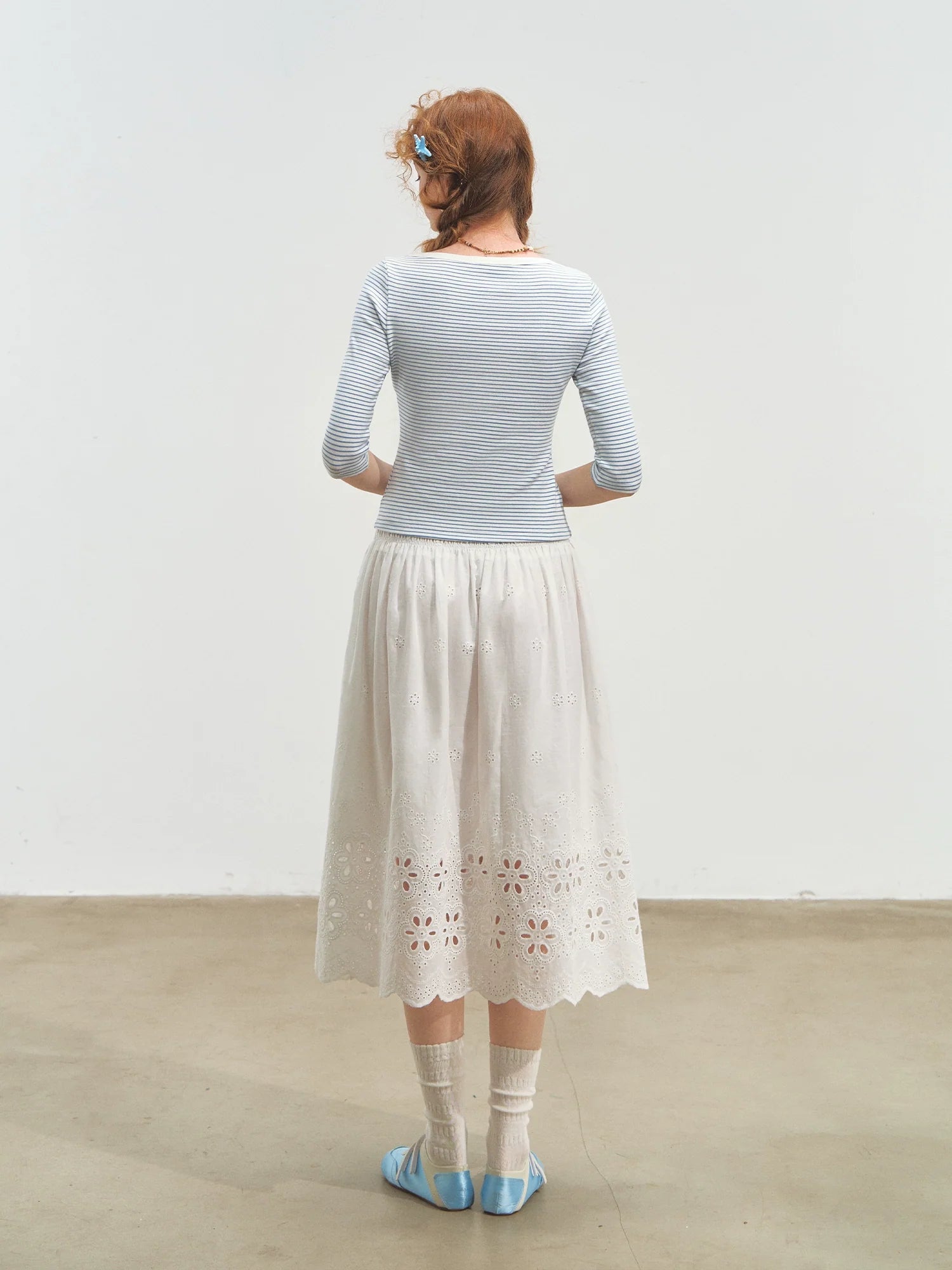 Envelope Neck Mid-sleeve Striped T-Shirt