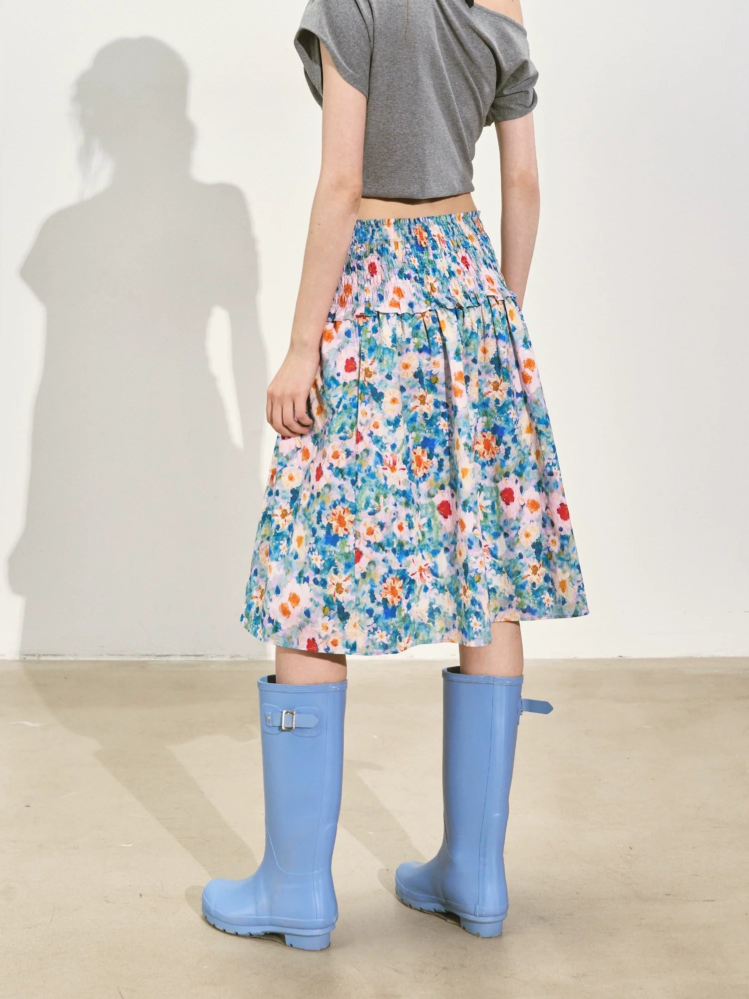 Floral Waist-cinching Slim-fit Midi A-line Skirt