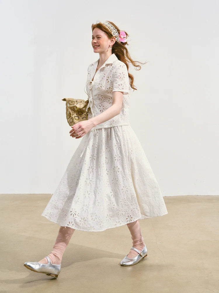Hollow-out Flower Tie-up Short-Sleeve Top & Skirt Set