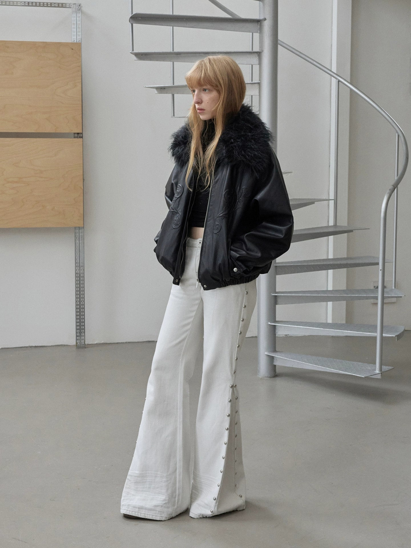 Embroidered Faux Fur Collar Leather Jacket