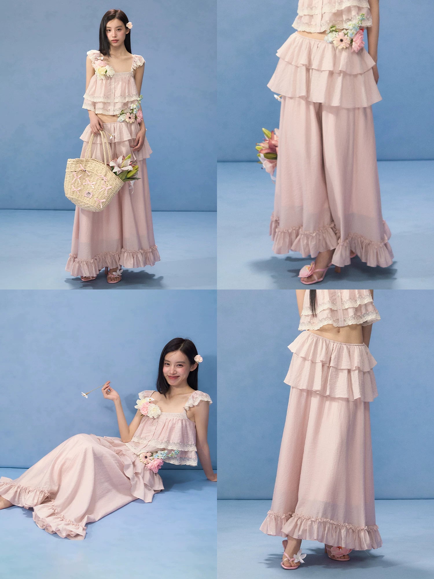 Pink Tiered Ruffle Maxi Skirt