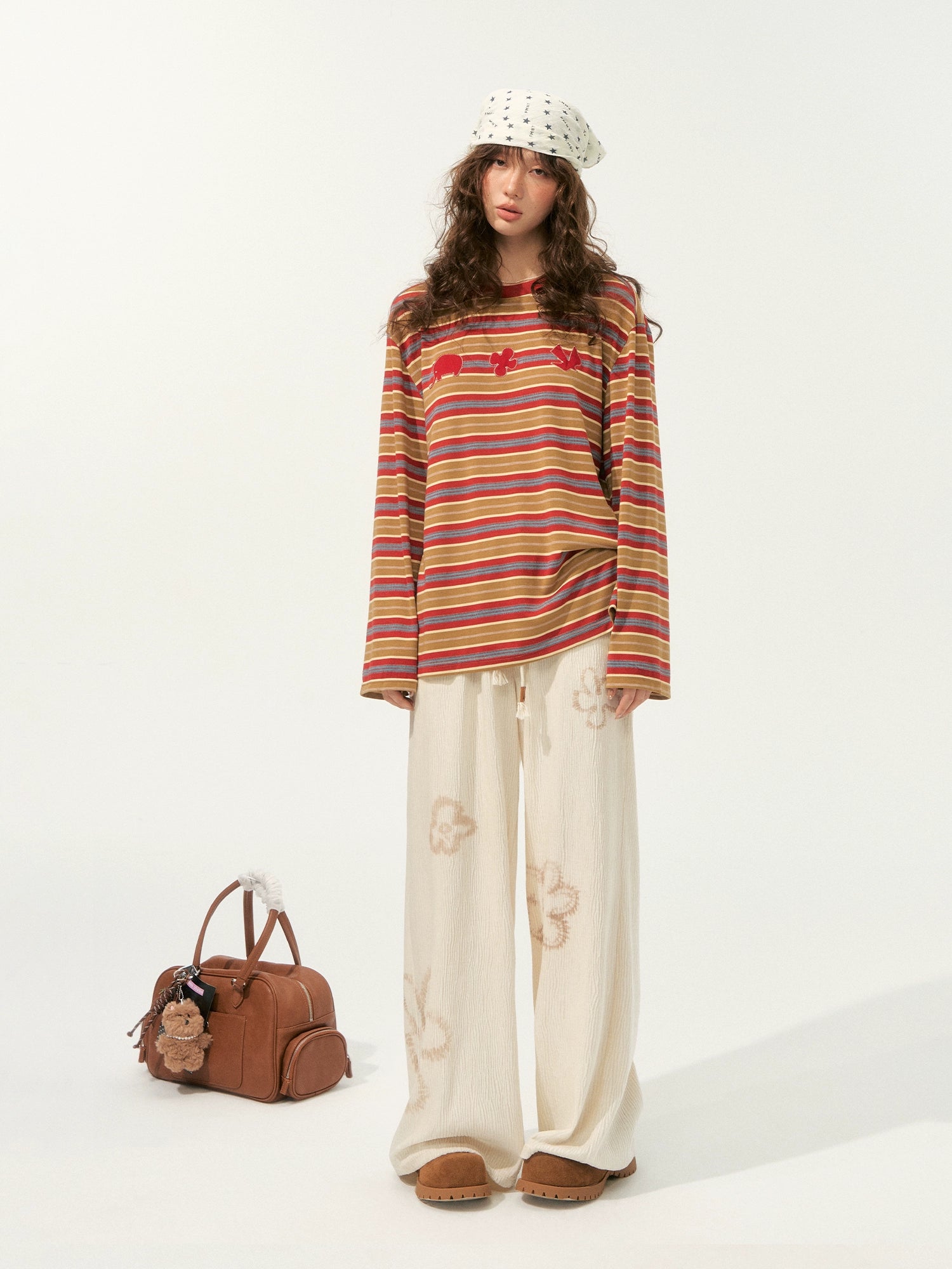 Color-Block Applique Embroidered Striped Long-Sleeve T-Shirt