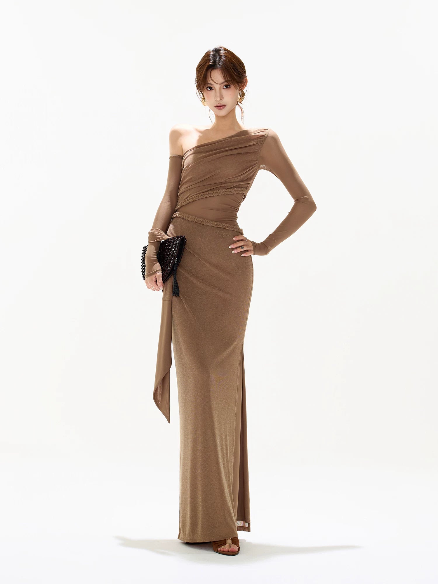 Braid Mesh One-Shoulder Maxi Dress