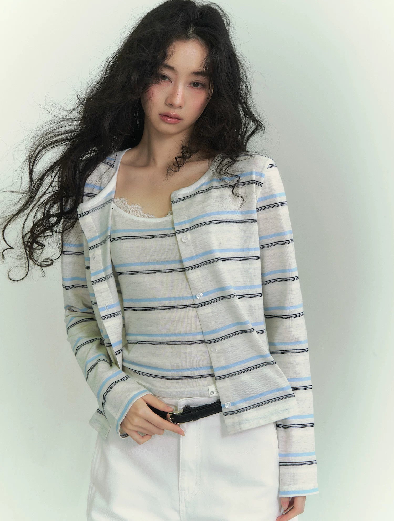 Lace Trim Stripe Cardigan Set