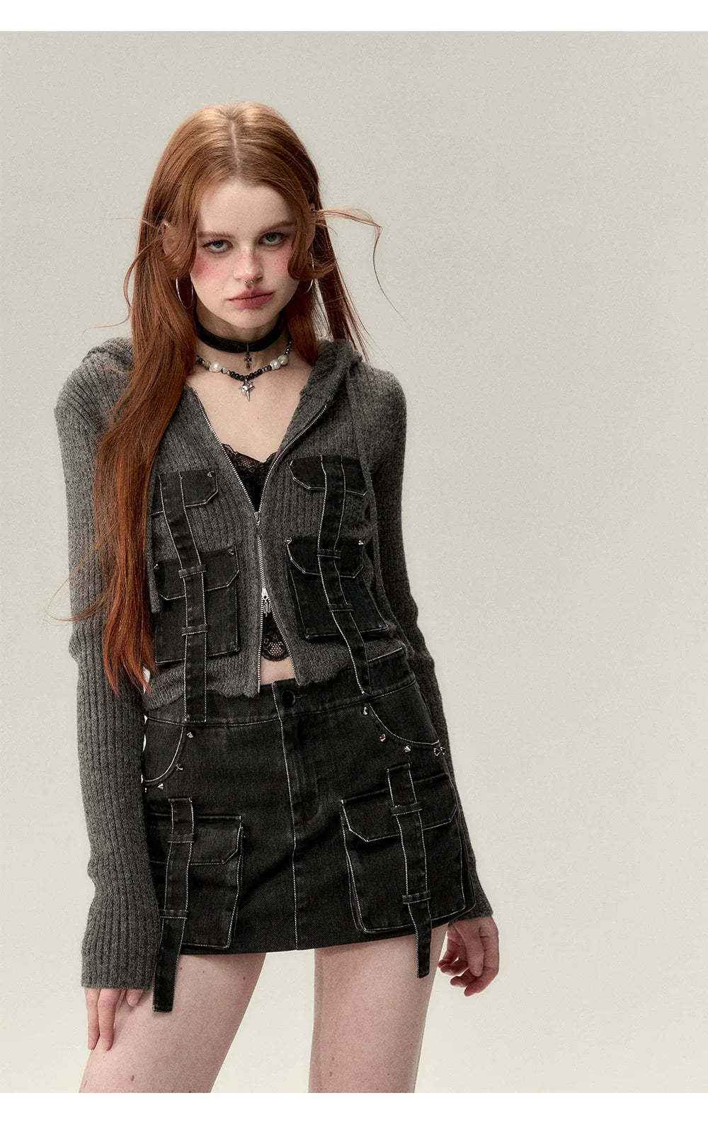 Coffee & Gray Patchwork Drawstring Cardigan