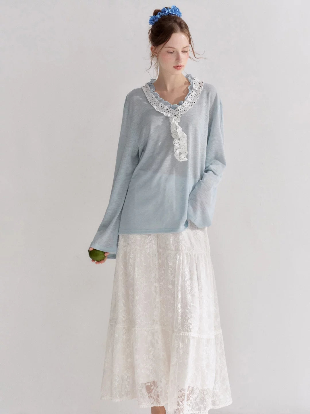 Polka Dot Ruffle V-Neck Top