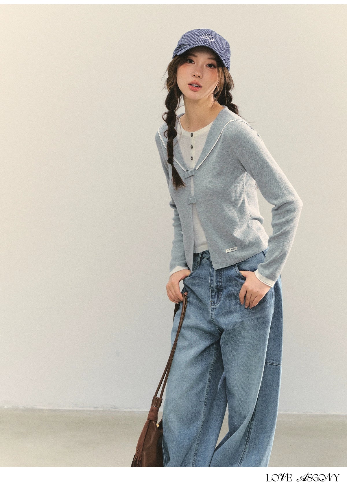 Navy Blue & Gray Sailor-Bow Knit Cardigan