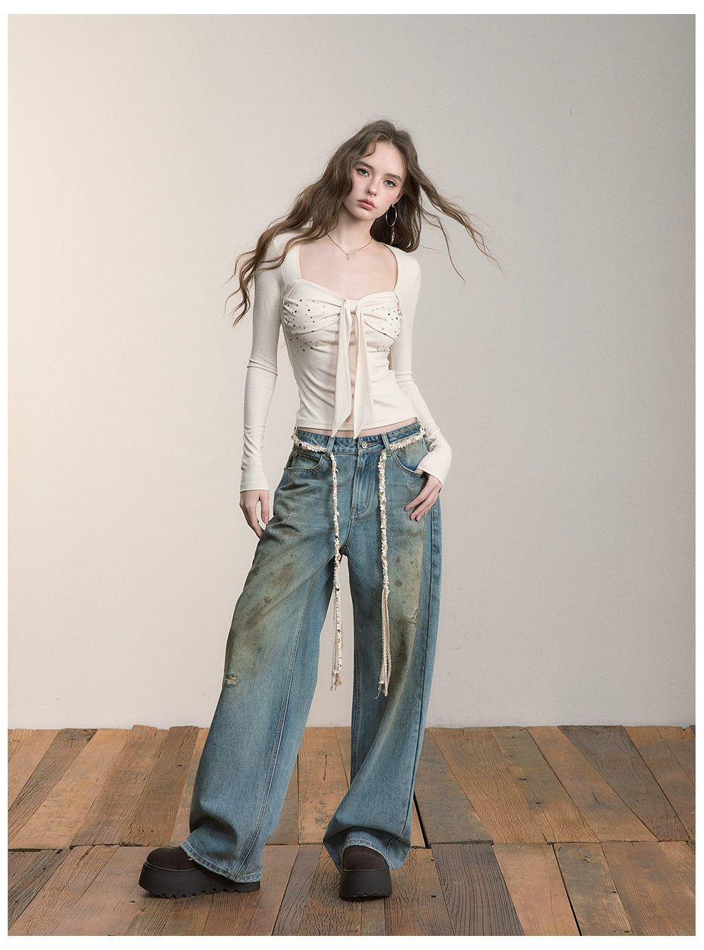 Bow Rhinestone U-neck Blouse