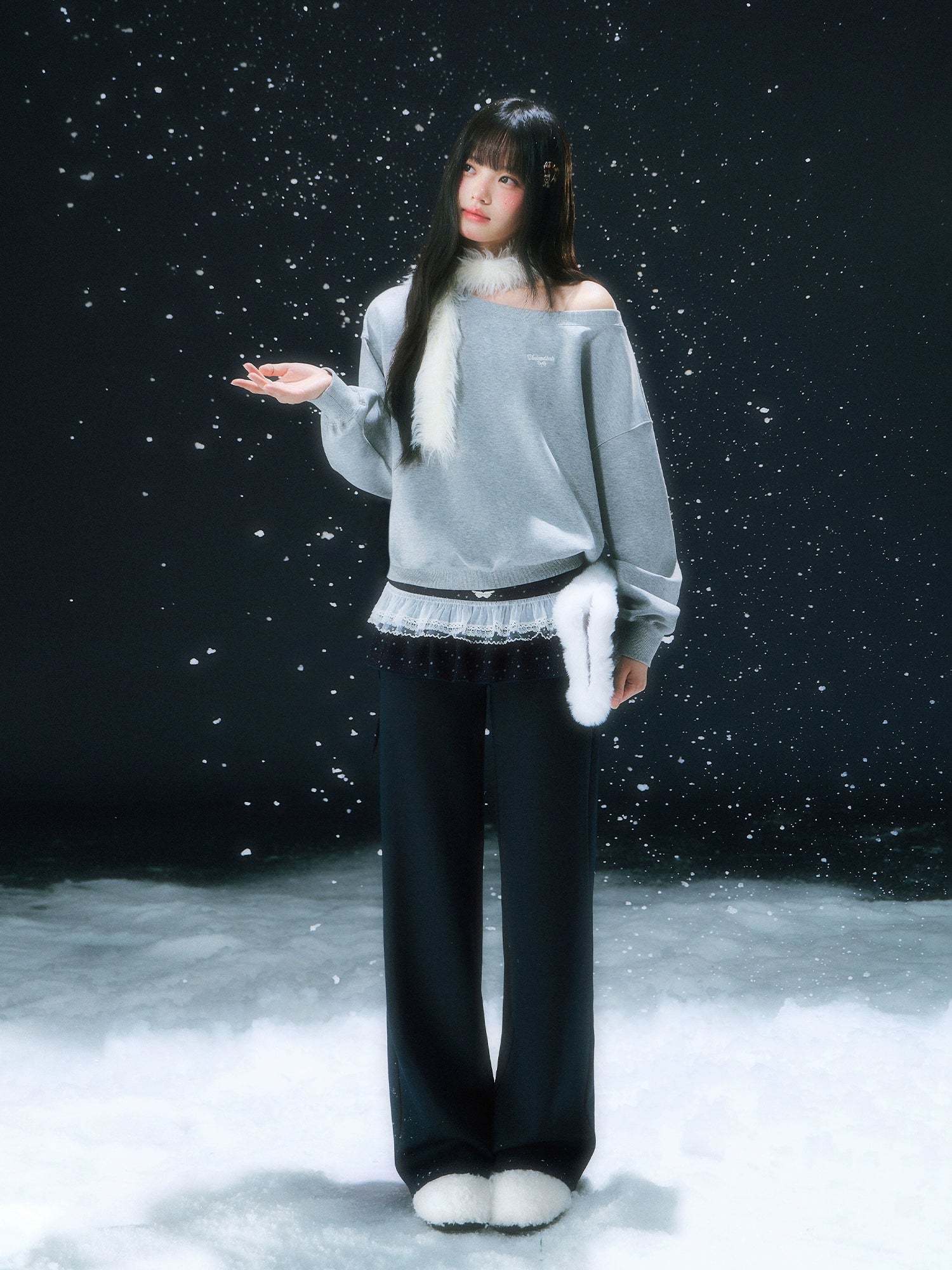 Navy Blue Star Lace Pleated Straight-leg Pant Set