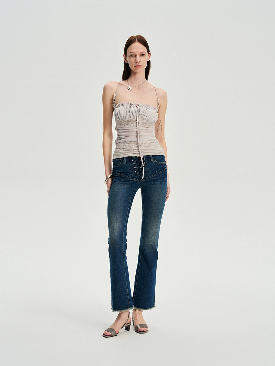 Beaded Strap Lace Splicing Acetate Cami Top