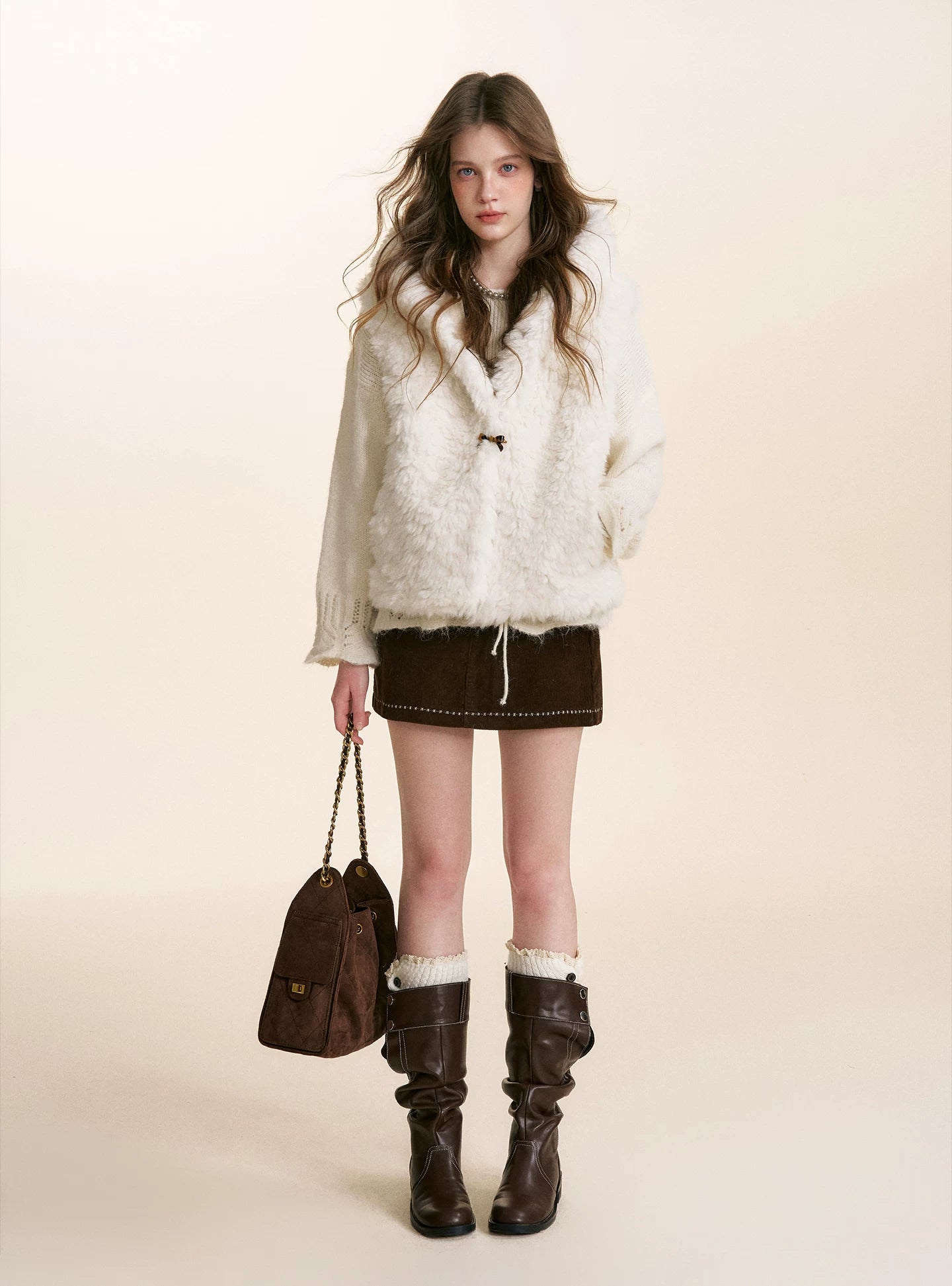 White Hooded Shearling Vest