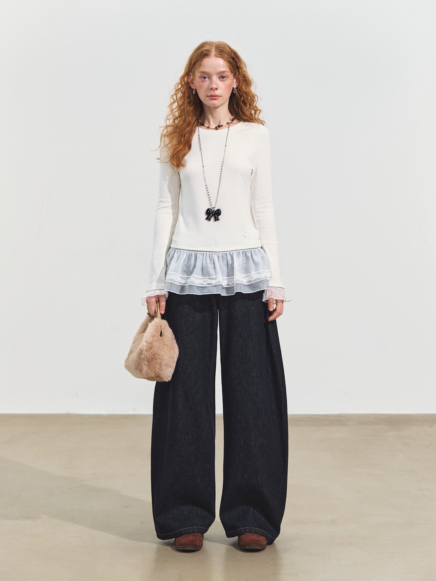Double-layer Ruffle Raglan Fleece Top