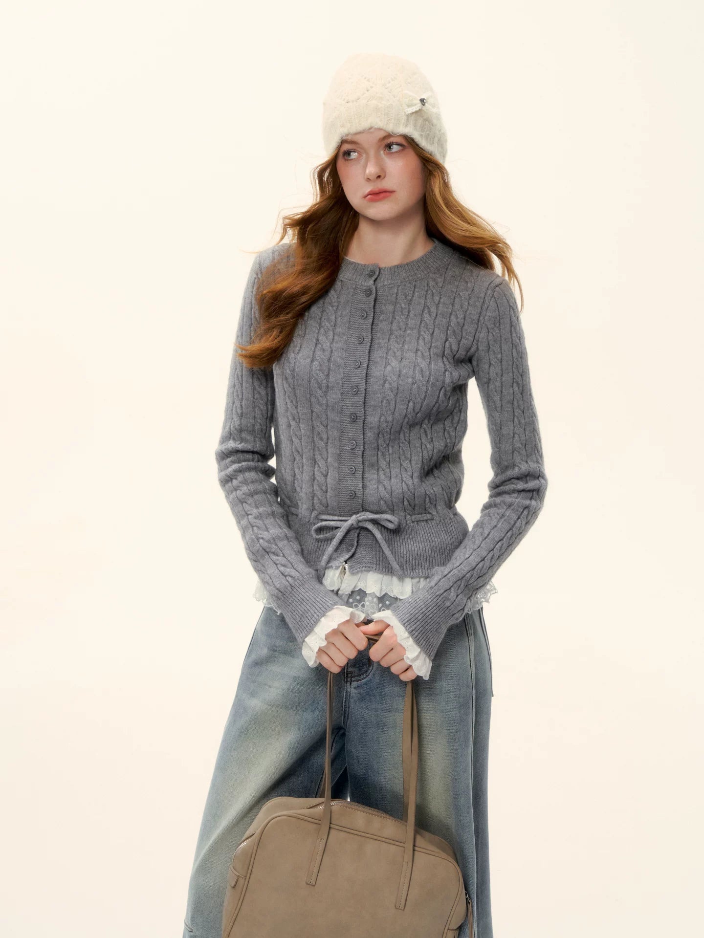 Cable Knit Lace Hem Drawstring Sweater
