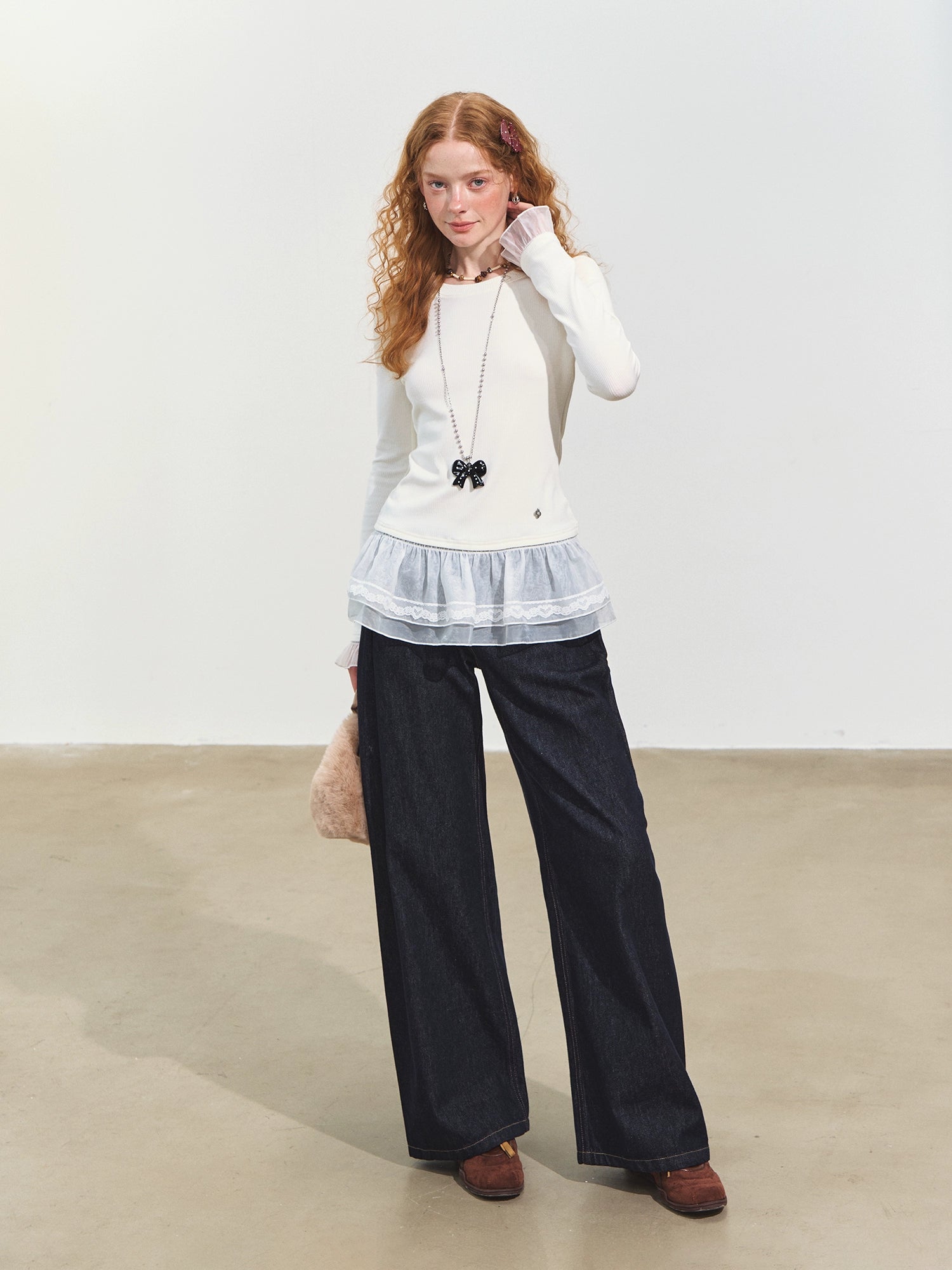 Double-layer Ruffle Raglan Fleece Top
