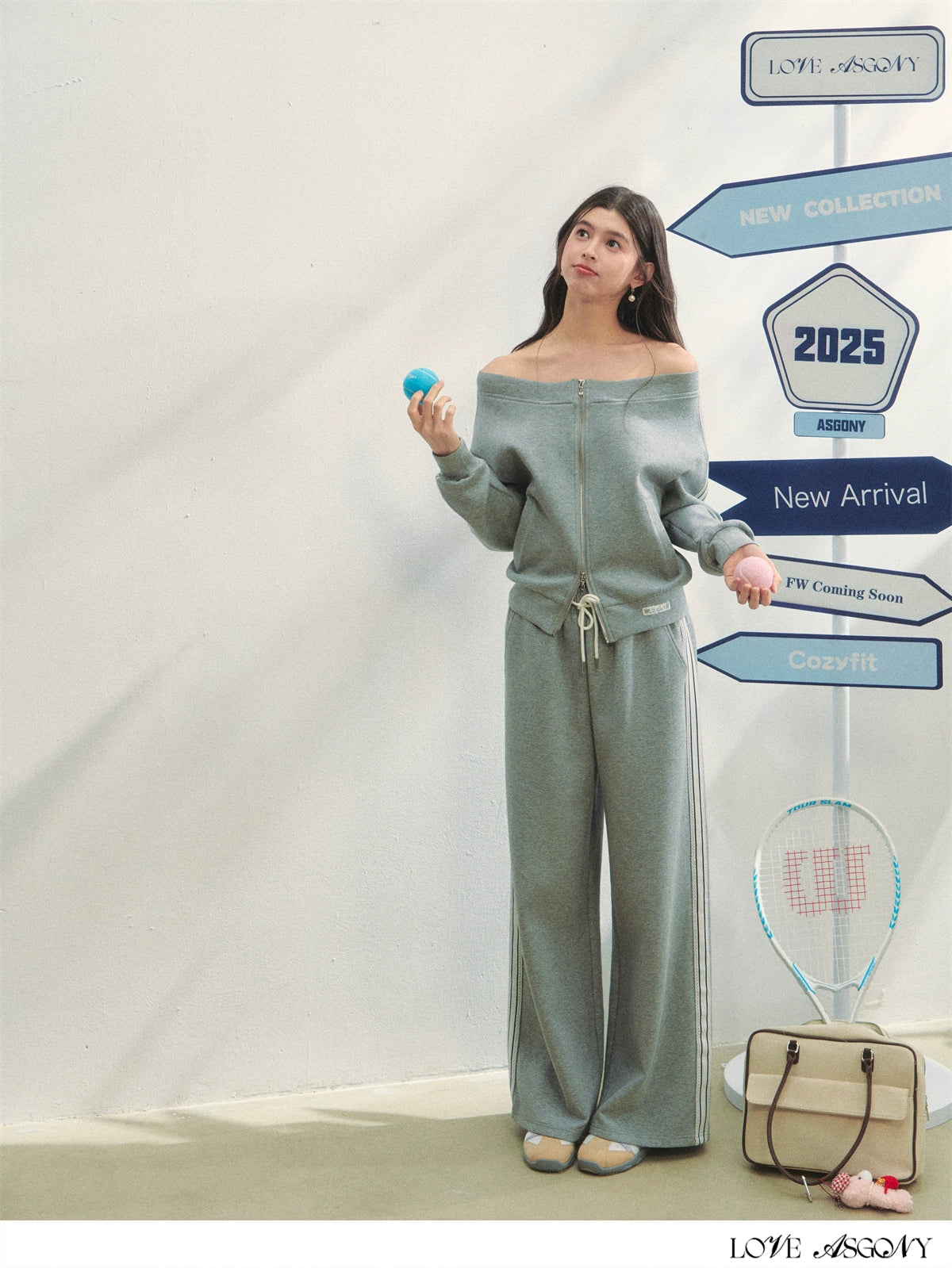 Off-Shoulder Zip-up Sweatshirt & Pants Set