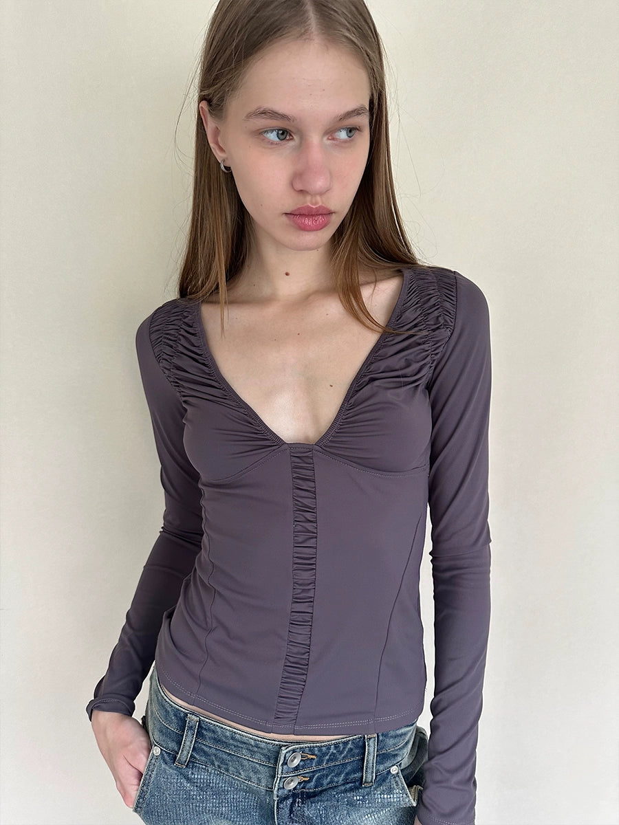 Ruched Low-Neck Knit Top