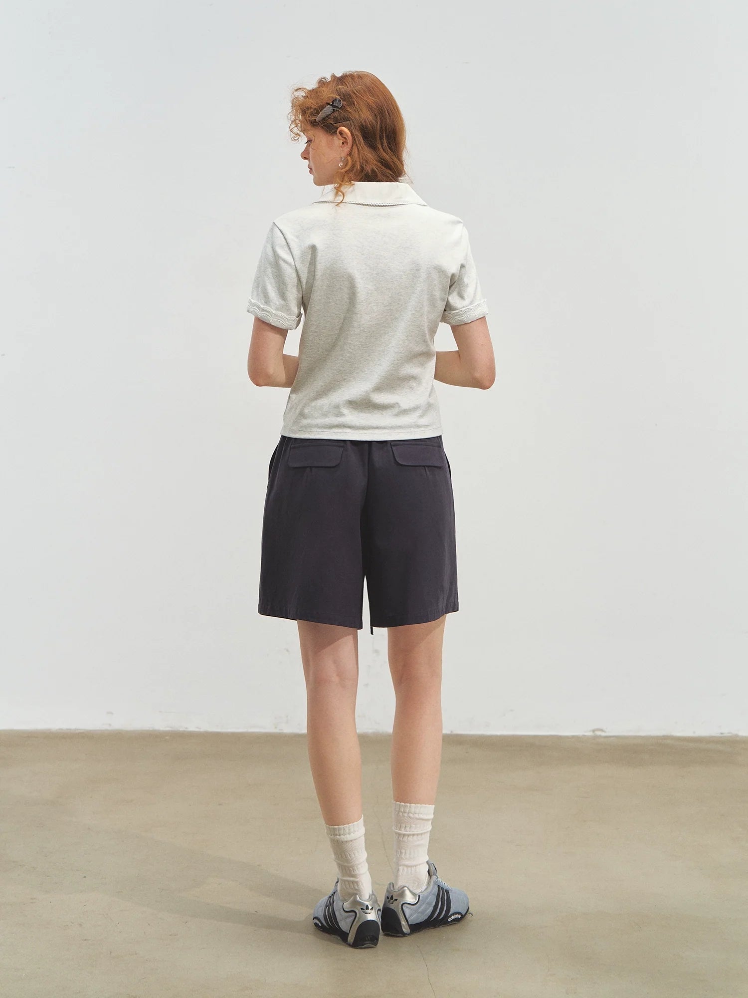 Striped Lace Short-Sleeve Polo Neck T-Shirt