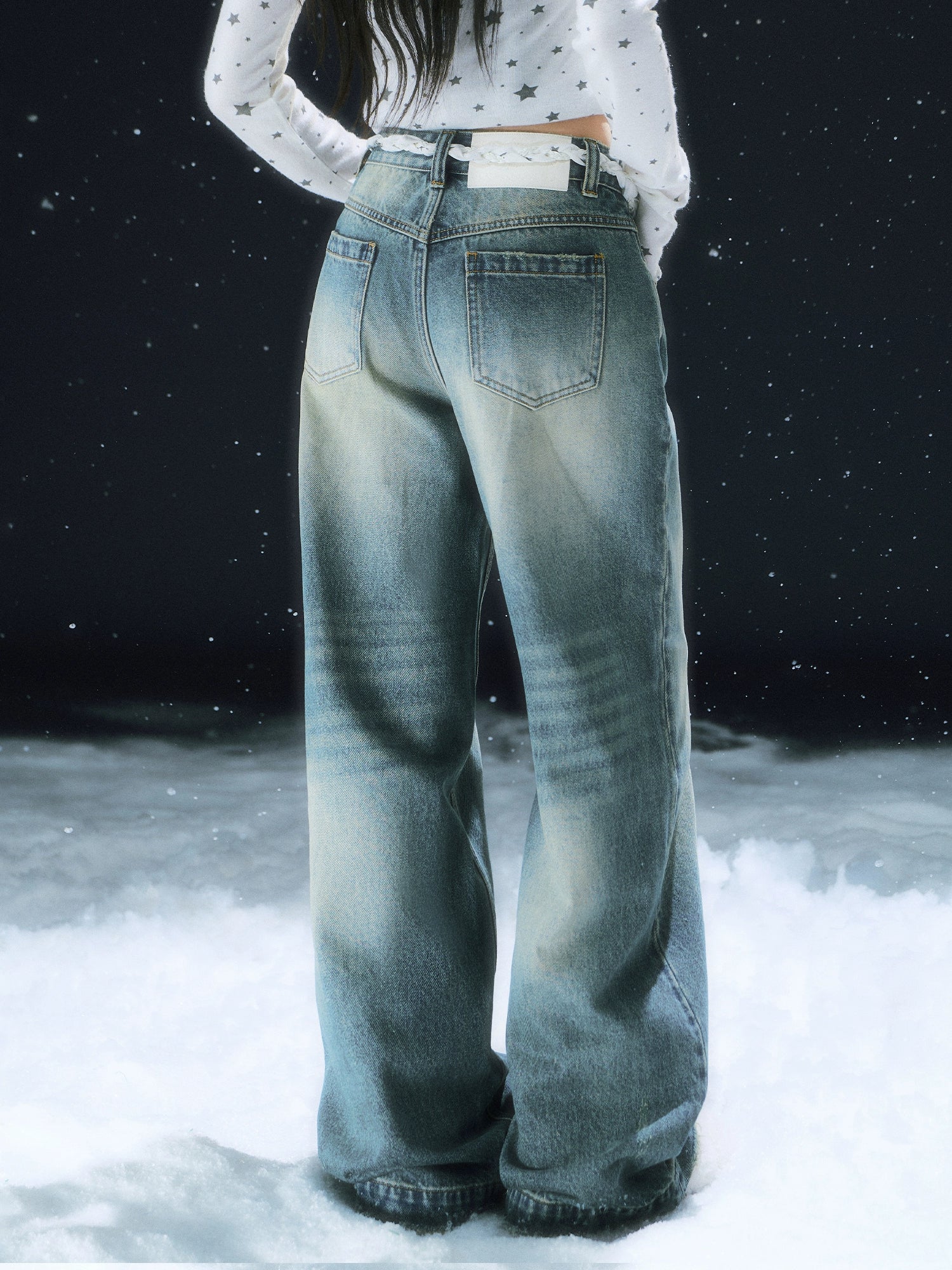 Vintage Star Tie Straight-Leg Denim Pants