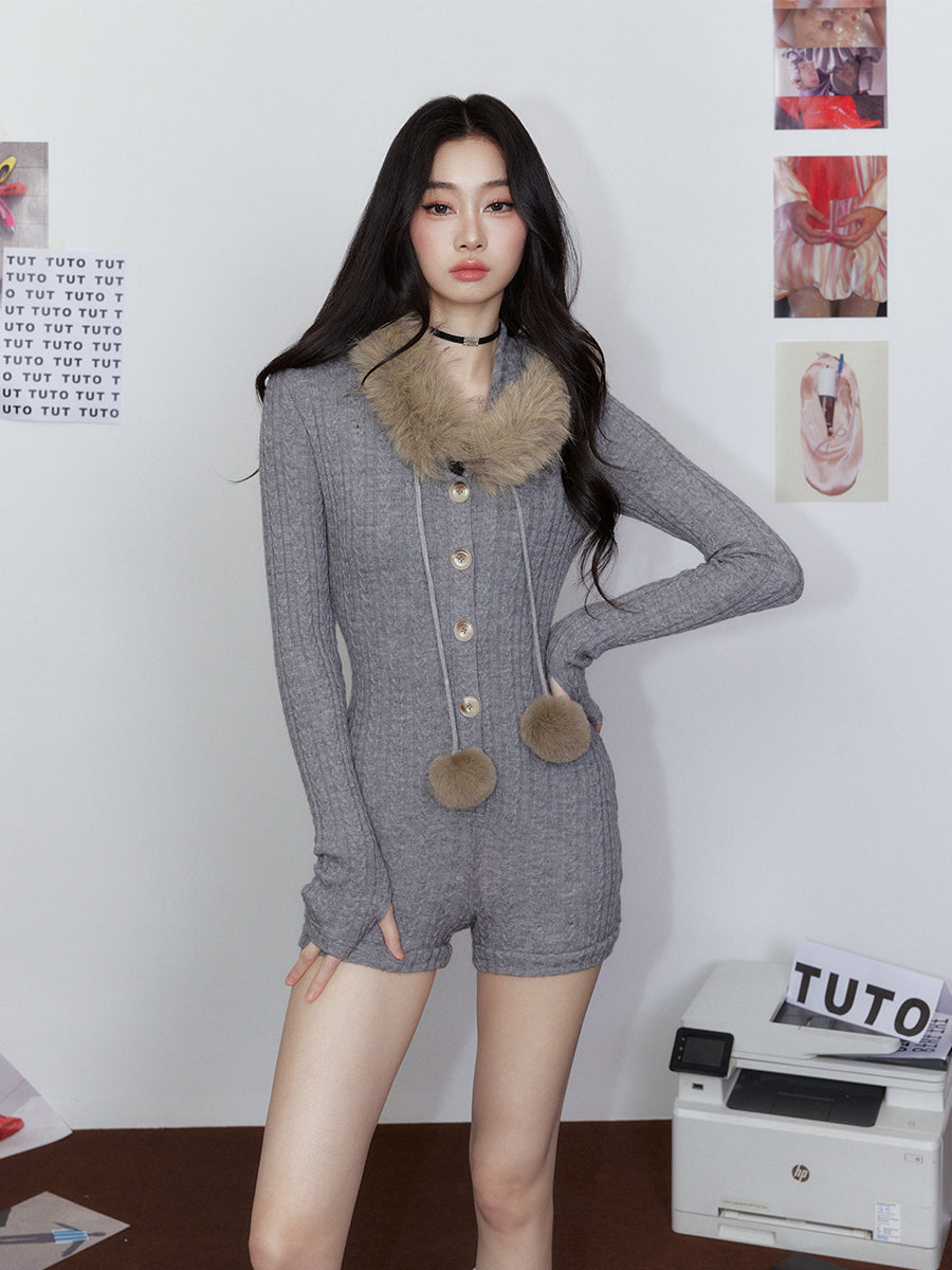 Removable Fur Collar Hooded Jumpsuit
