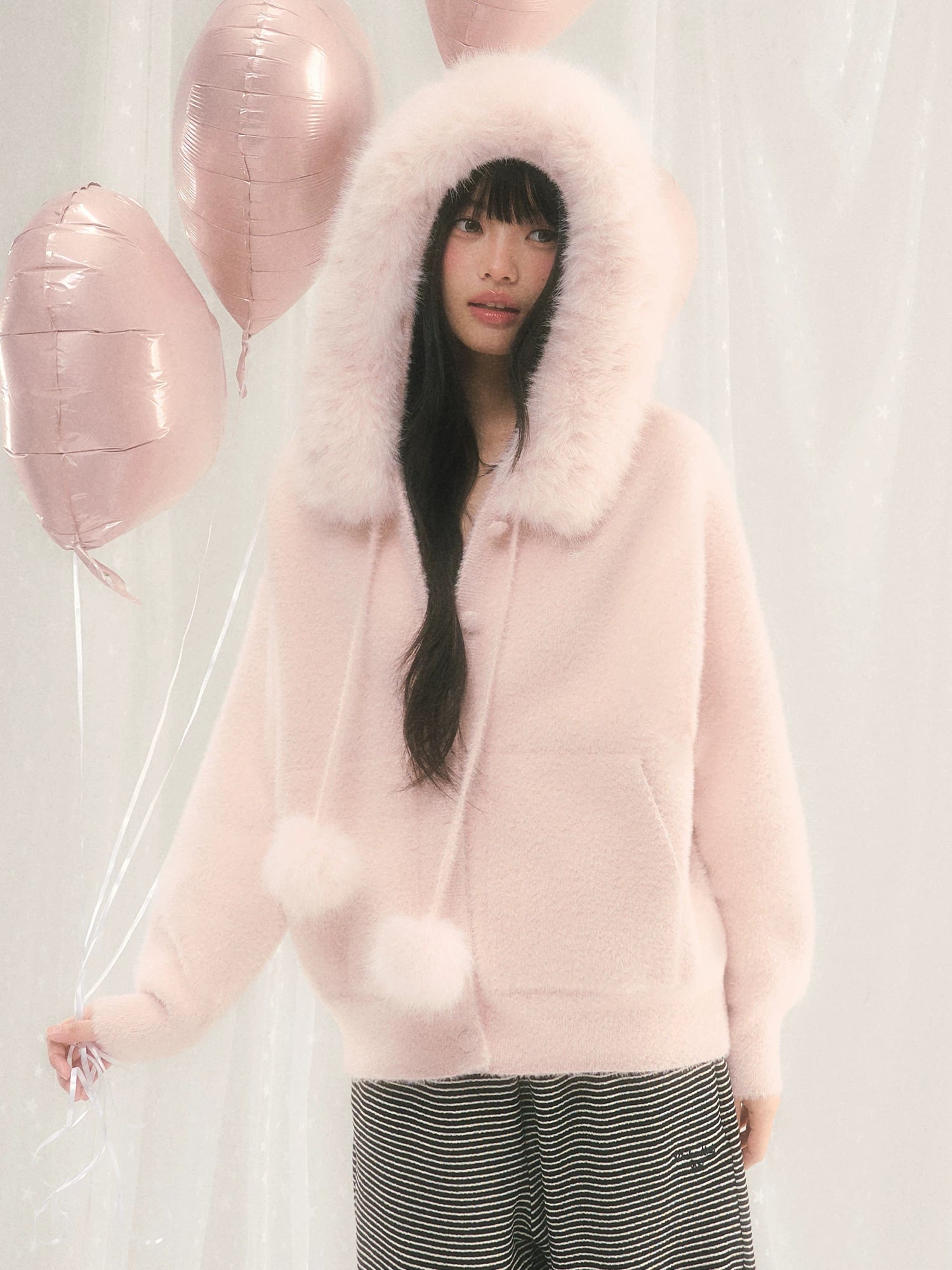 Fur Collar Hooded Knit Cardigan