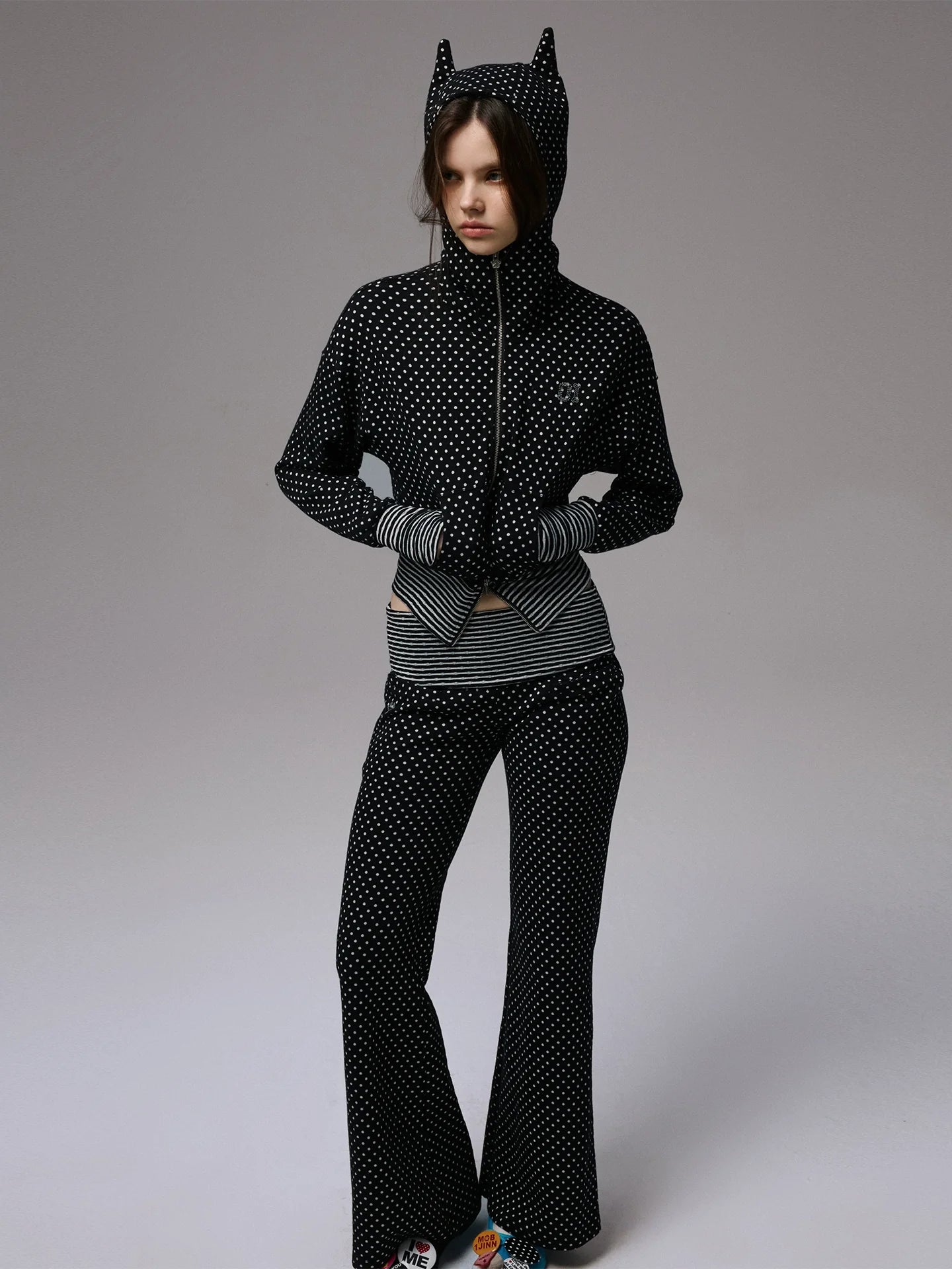 Double-Slider Small Polka Dot Devil Horn Hoodie