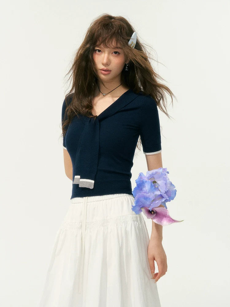 Preppy Style Collared Tie Knit Top