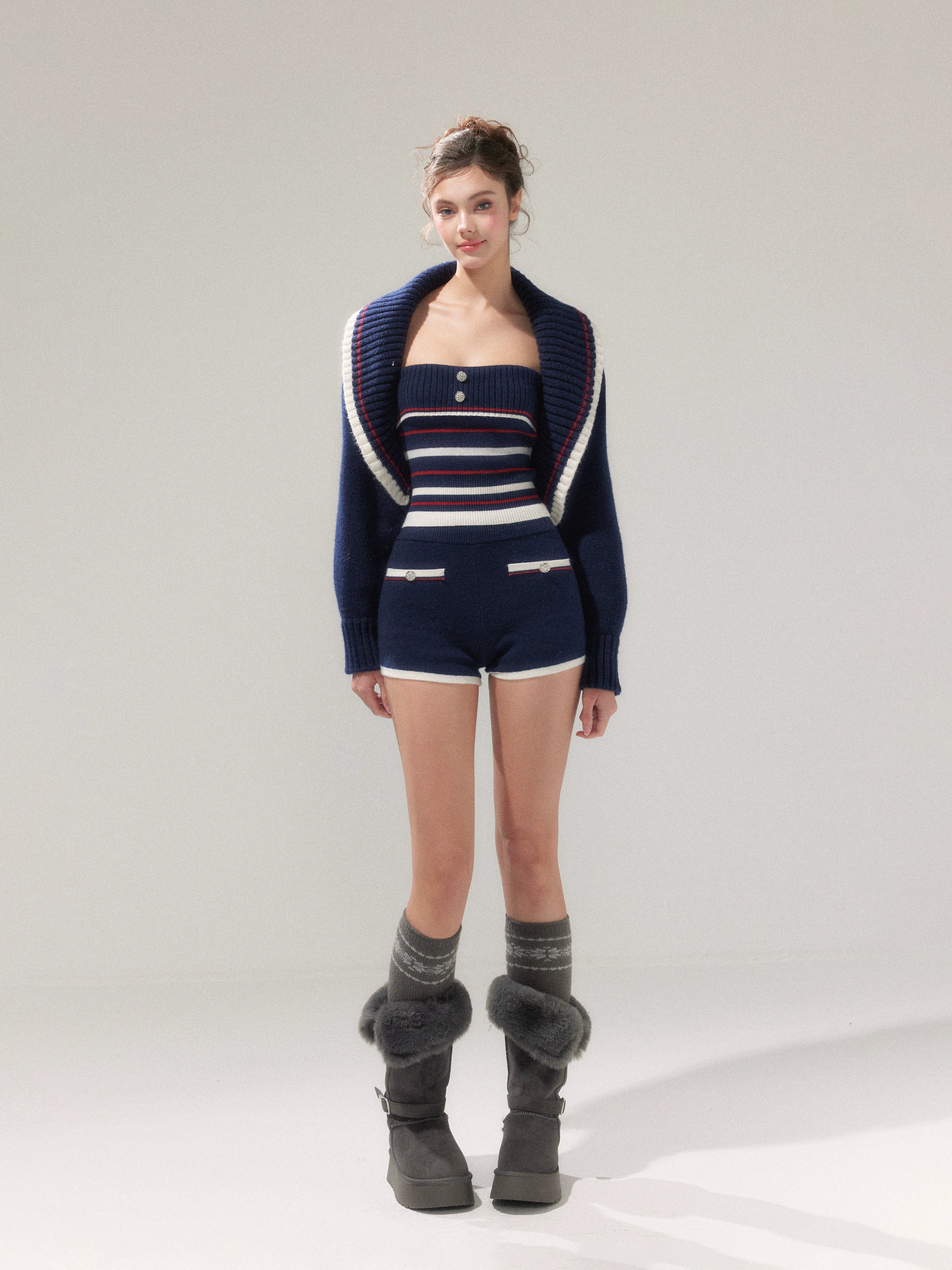 Navy Blue Striped Oversized Collar Knit Cardigan and Pants Set