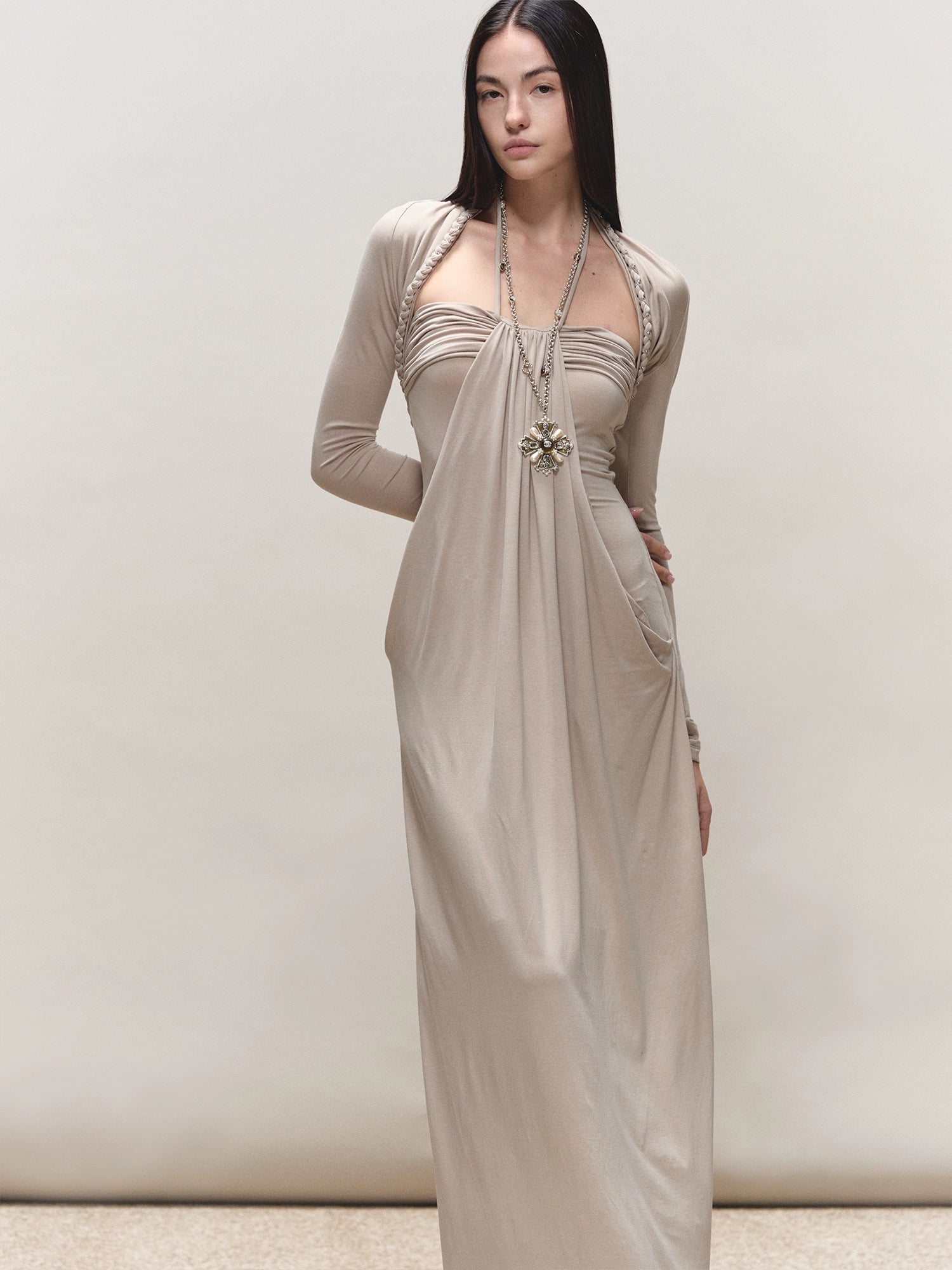 Khaki Lyocell Braided-Halter Ruched Dress Set