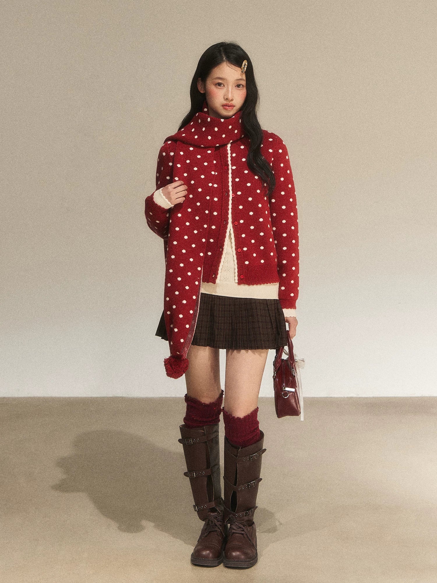 Red Contrast Polka Dot Knit Cardigan
