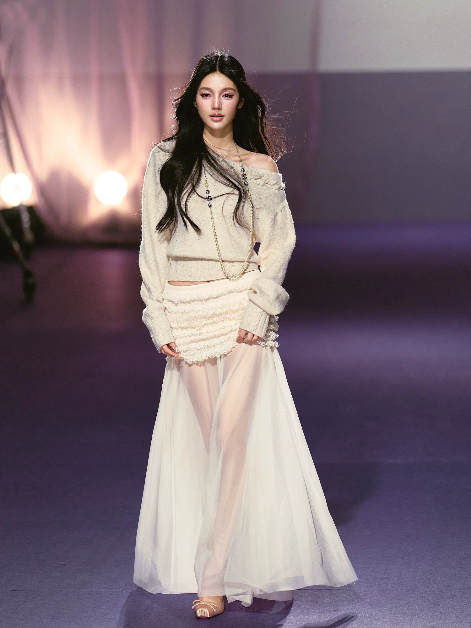 Apricot & Purple Cable Knit Off Shoulder Sweater