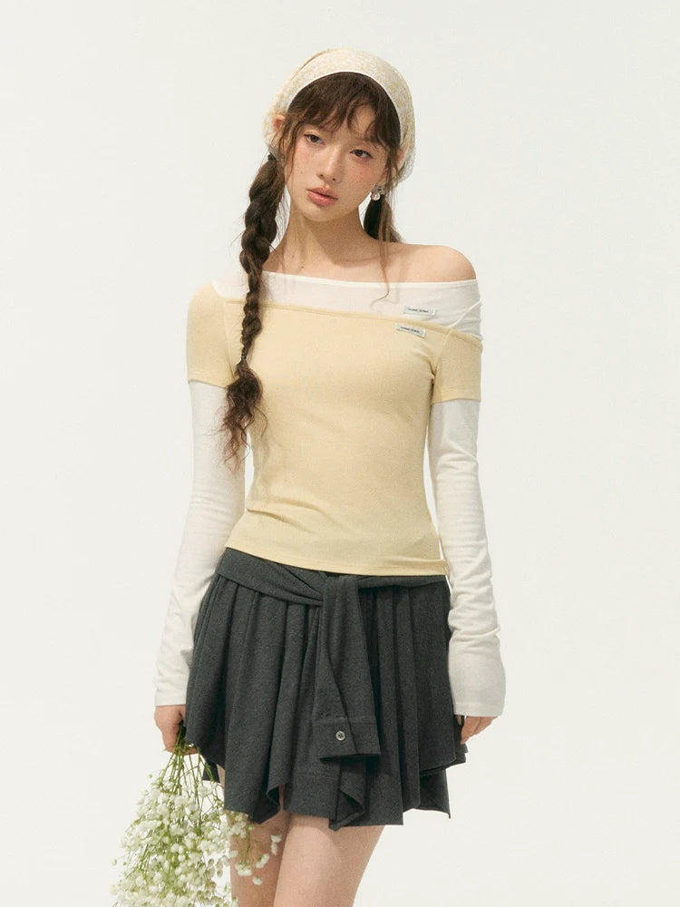 Irregular Fake Two-Piece Color-Block Knit T-shirt