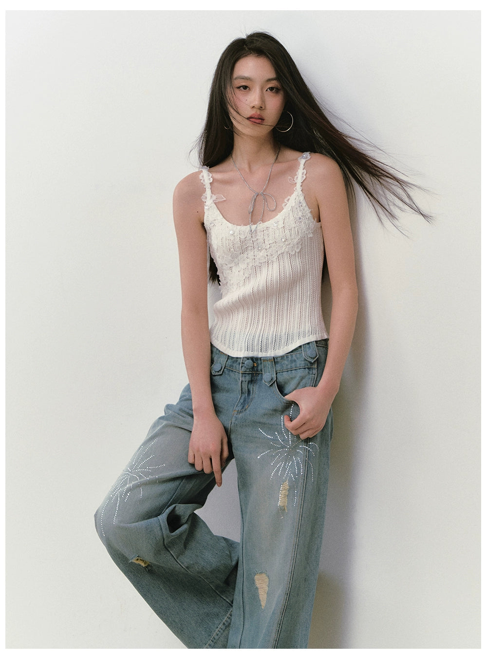 Rhinestone Double-Waistband Straight-Leg Jeans