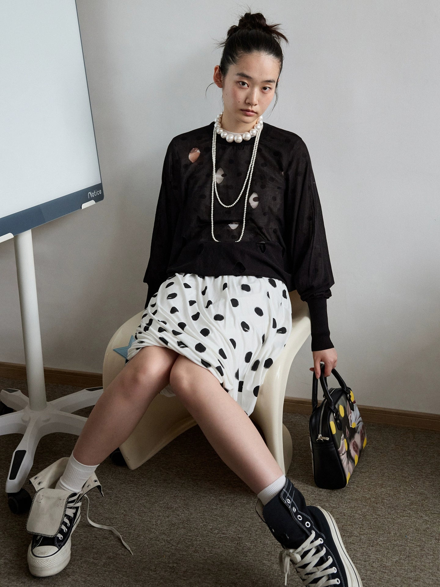 Polka Dot Hollow Knit Bubble Pullover